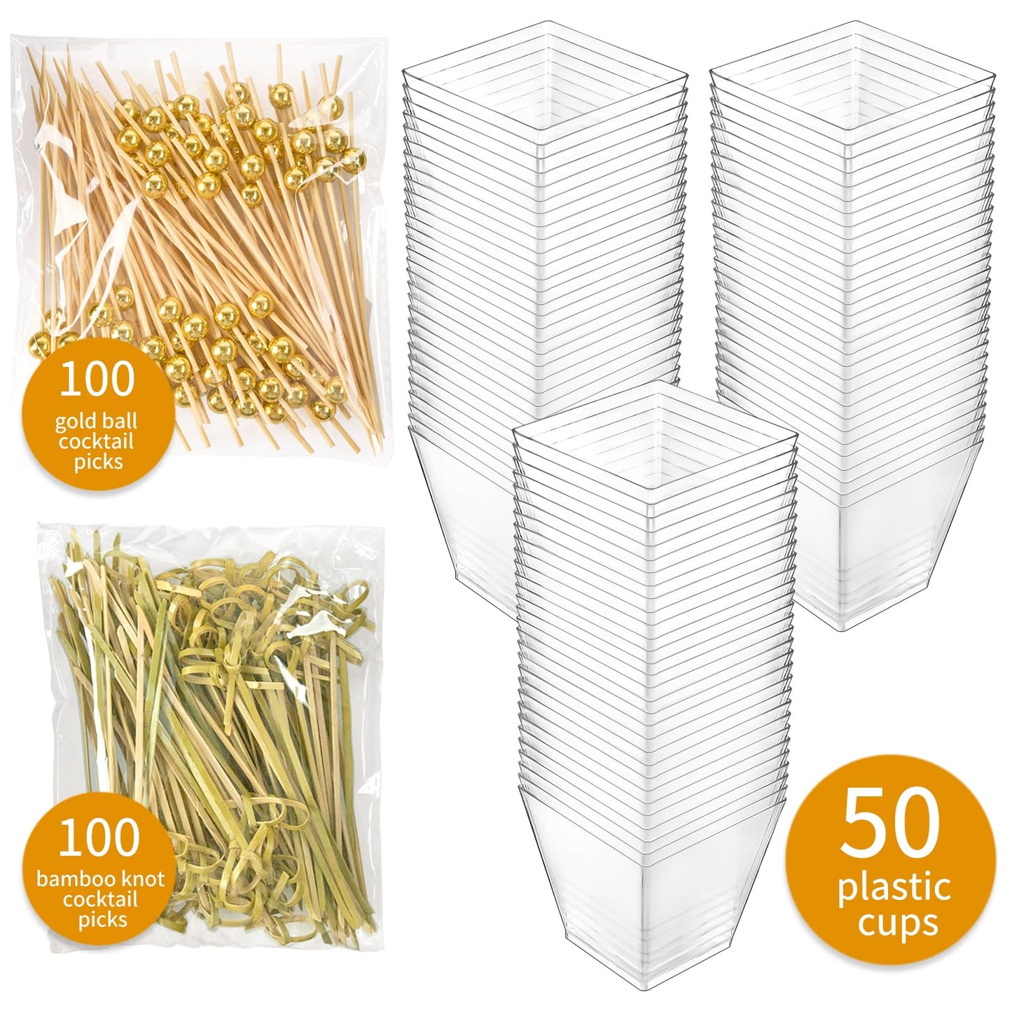 Zezzxu 50 Sets 7 oz Plastic Charcuterie Cups with 200 Sticks, Square Appetizer Cup with Cocktail Picks Mini Party Serving Cups for Fruit, Snack, Dessert