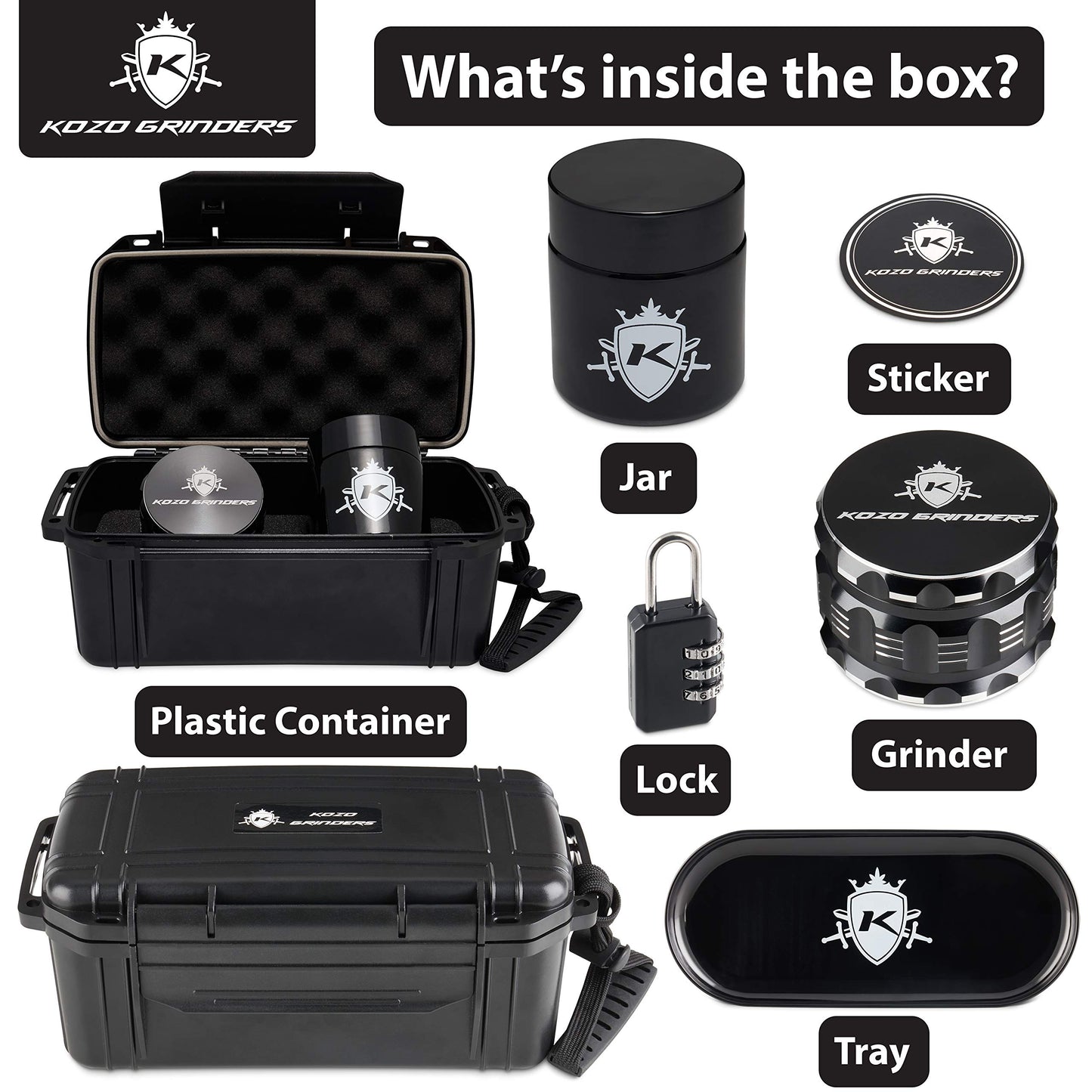 KOZO Rack Premium Black Box with Original Grinders, Tray, and UV Jar. Built-in Lock & Keys - Decorative Storage Rack Set - Perfect for Your Accessories