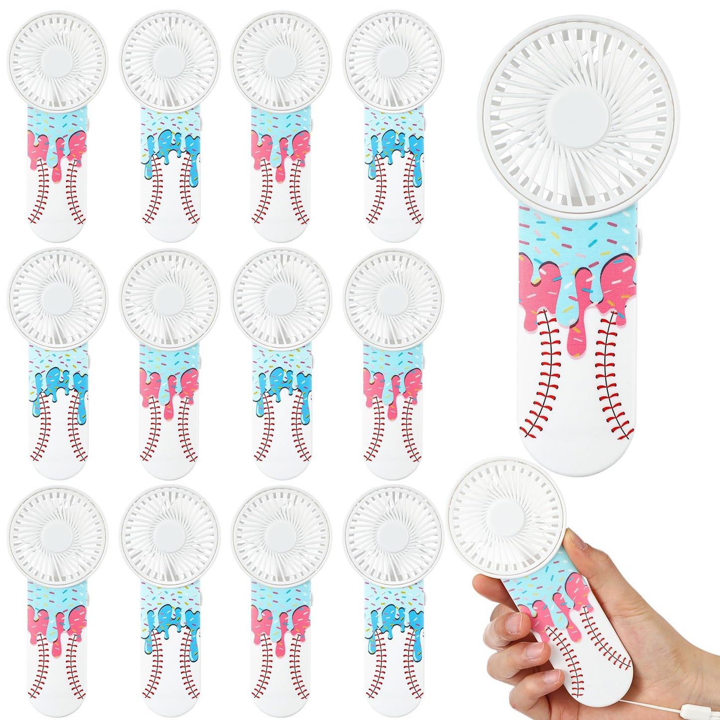 Honoson 12 Pcs Mini Portable Baseball Ice Cream Drip Fan Bulk Small Personal Handheld Fan with Lanyard for Team Gift Game Outdoor Sport Party Favors, Battery Not Include(Pink and Blue)