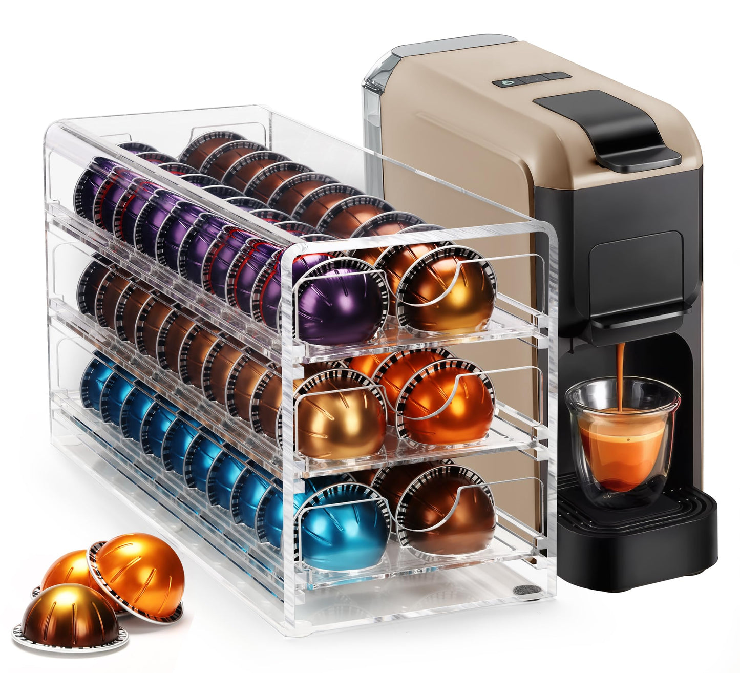 3 Layers Clear Acrylic Coffee Pod Drawer for Nespresso Vertuo 60 Pod Double Sided Pull Out Organizer