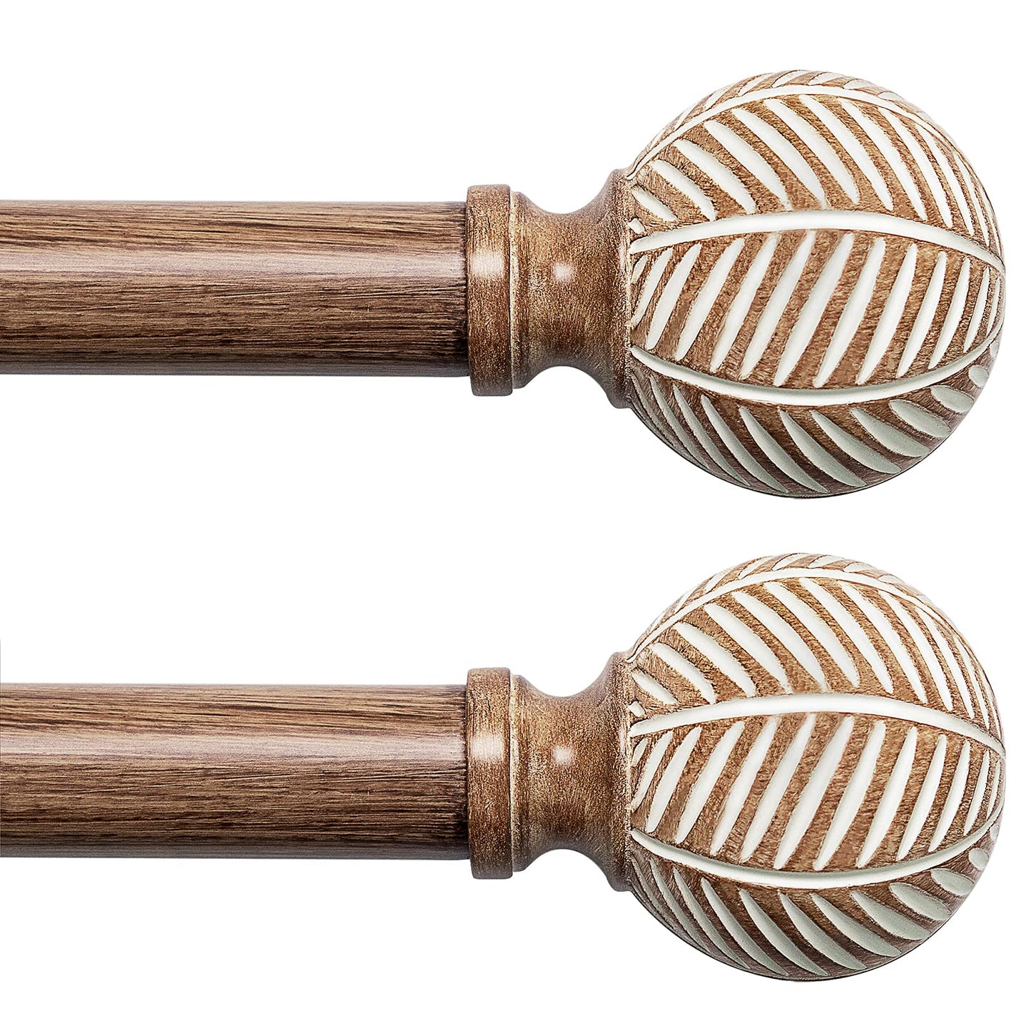Wood Curtain Rods for Windows: 1 Inch Diameter Adjustable Drapery Rods 48" to 86", 2 Pack Heavy Duty Window Rod with Imitation Wood Grain Leaf Pattern Finials