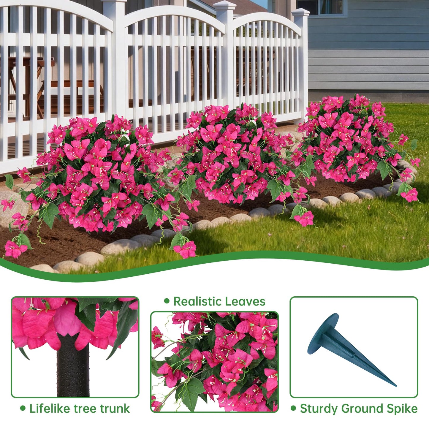 Artificial Bougainvillea Topiary Trees Set of 2, Pink Fake Shrubs Bushes with Ground Spike, Faux Evergreen for Porch Plants, UV Resistant Artificial Flowers for Outdoors Indoor Front Garden