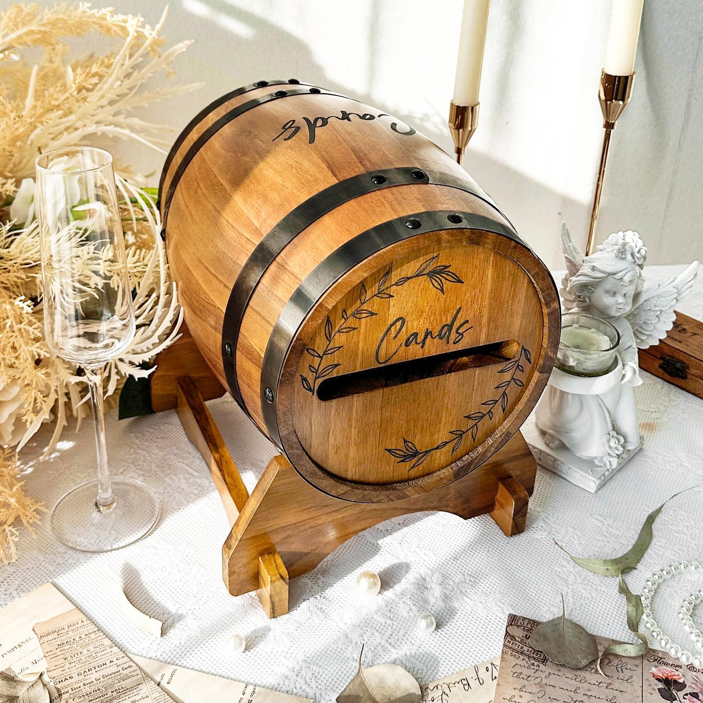 OurWarm Wooden Wedding Card Box for Reception, Whiskey Barrel Gift Card Box for Party, Money Envelope Boxes with Slot & Holder for Graduation Bridal Shower Birthday Wedding Decor