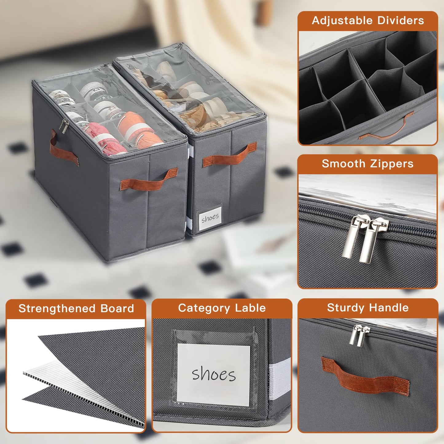 ISusaid 4 Pack Shoe Organizer for Closet, Foldable Shoe Storage Organizer with Adjustable Dividers and Clear Cover, Stackable Fabric Closet Shoe Organizer Storage Box Fits 32 Pairs, Gray
