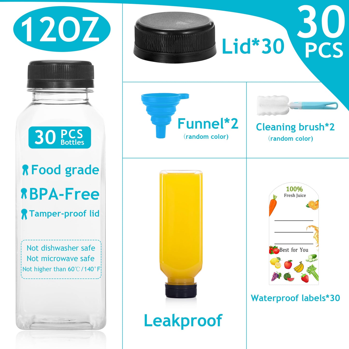 HEWASME 30Pcs 12 Oz Plastic Juice Bottles with Caps,Clear Reusable Water Bottle & Tamper Proof Lids,Juice Containers,Juicing Bottles for Fruit Juice,Smoothies,Coffee - Food Grade & Travel Bottle