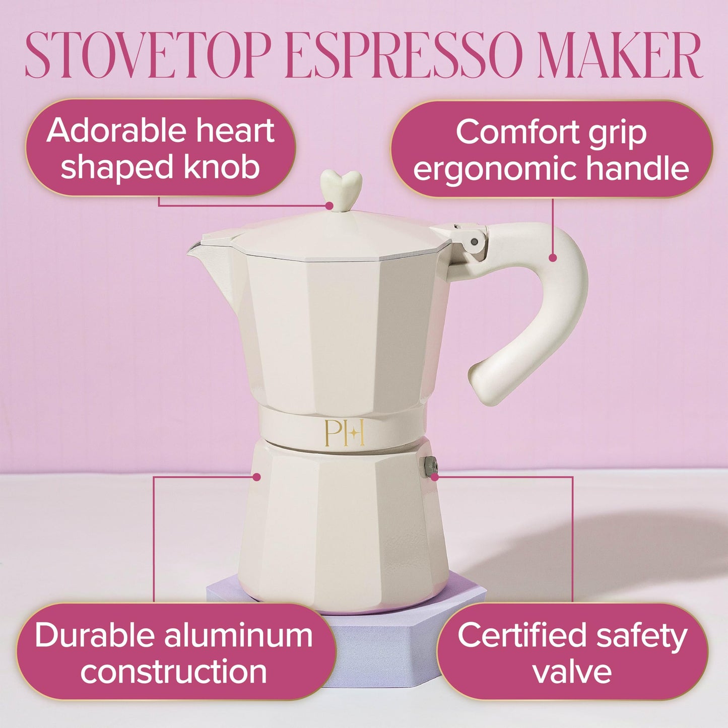 Paris Hilton Stovetop Espresso and Coffee Maker, Italian & Cuban Style Coffee Pot with Iconic Heart Knob, Perfect for Rich Aromatic Espresso, Makes up to 6 Espresso Cups, Cream