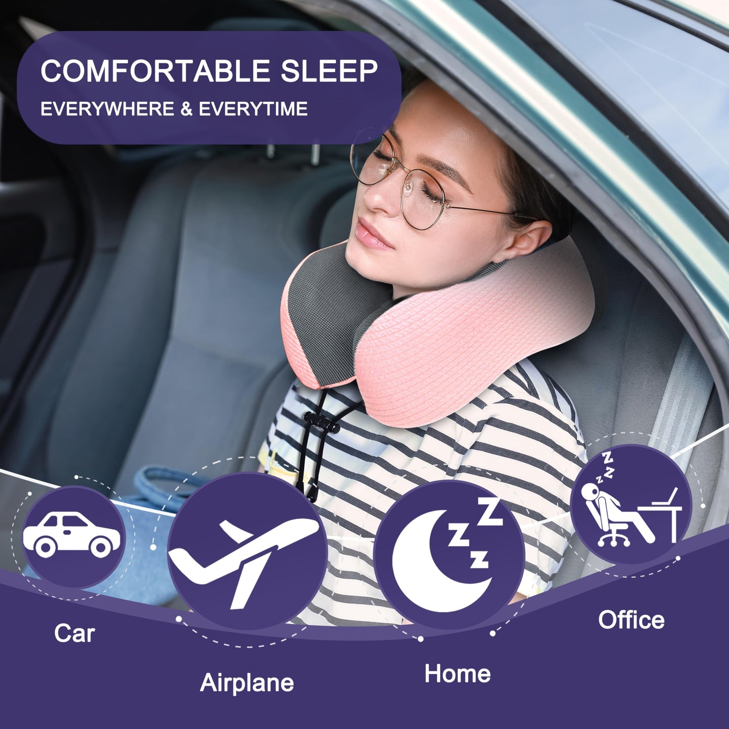 napfun Neck Pillow for Traveling, Upgraded Travel Neck Pillow for Airplane 100% Pure Memory Foam Travel Pillow for Flight Headrest Sleep, Portable Plane Accessories, Pink