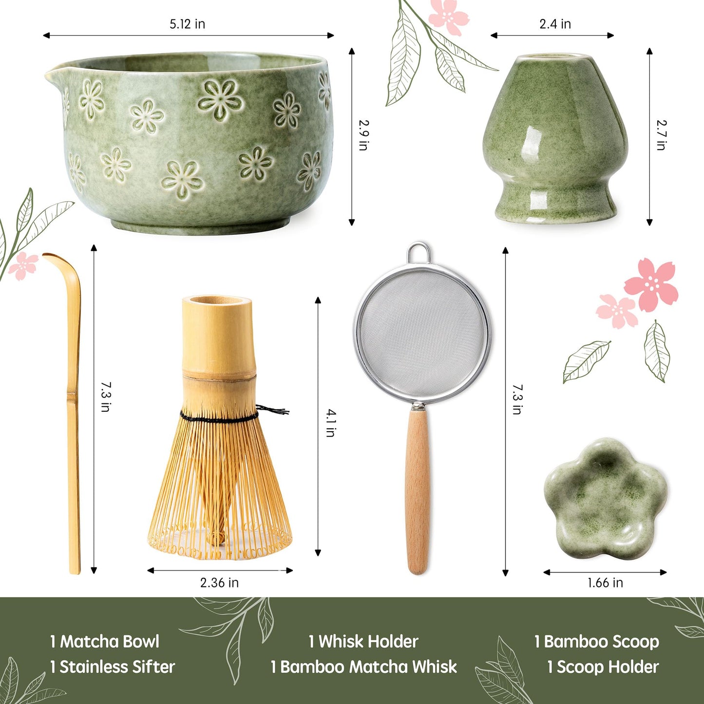 Veraelle Matcha Whisk Set, Ceramic Matcha Set, 6 Pcs Matcha Kit Includes Matcha Bowl, Matcha Whisk with Holder, Bamboo Scoop, Scoop Rest, Sifter, Ceremonial Matcha Tea Set, Perfect Gifts, Green