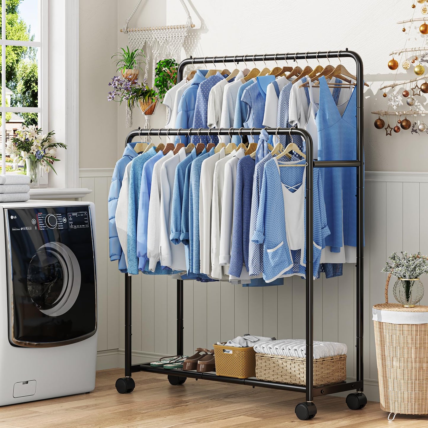 Simple Trending Clothing Clothes Rack Double Rods with Wheels, Rolling Metal Garment Rack for Hanging, Black