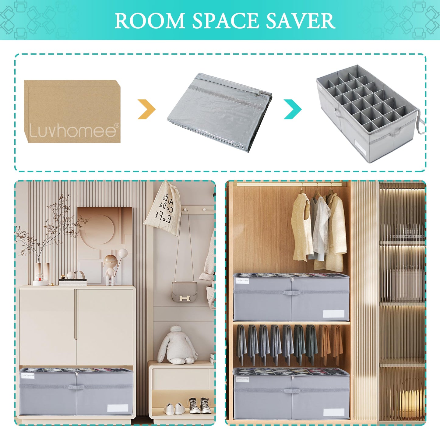 LUVHOMEE Shoe Organizer for Closet, Fits 24 Pairs, Large Shoe Box Storage Containers, Clear Foldable Shoe Storage Bins w/Bottom Support, Space Saving Closet Shoes Holder w/Reinforced Handles, Gray
