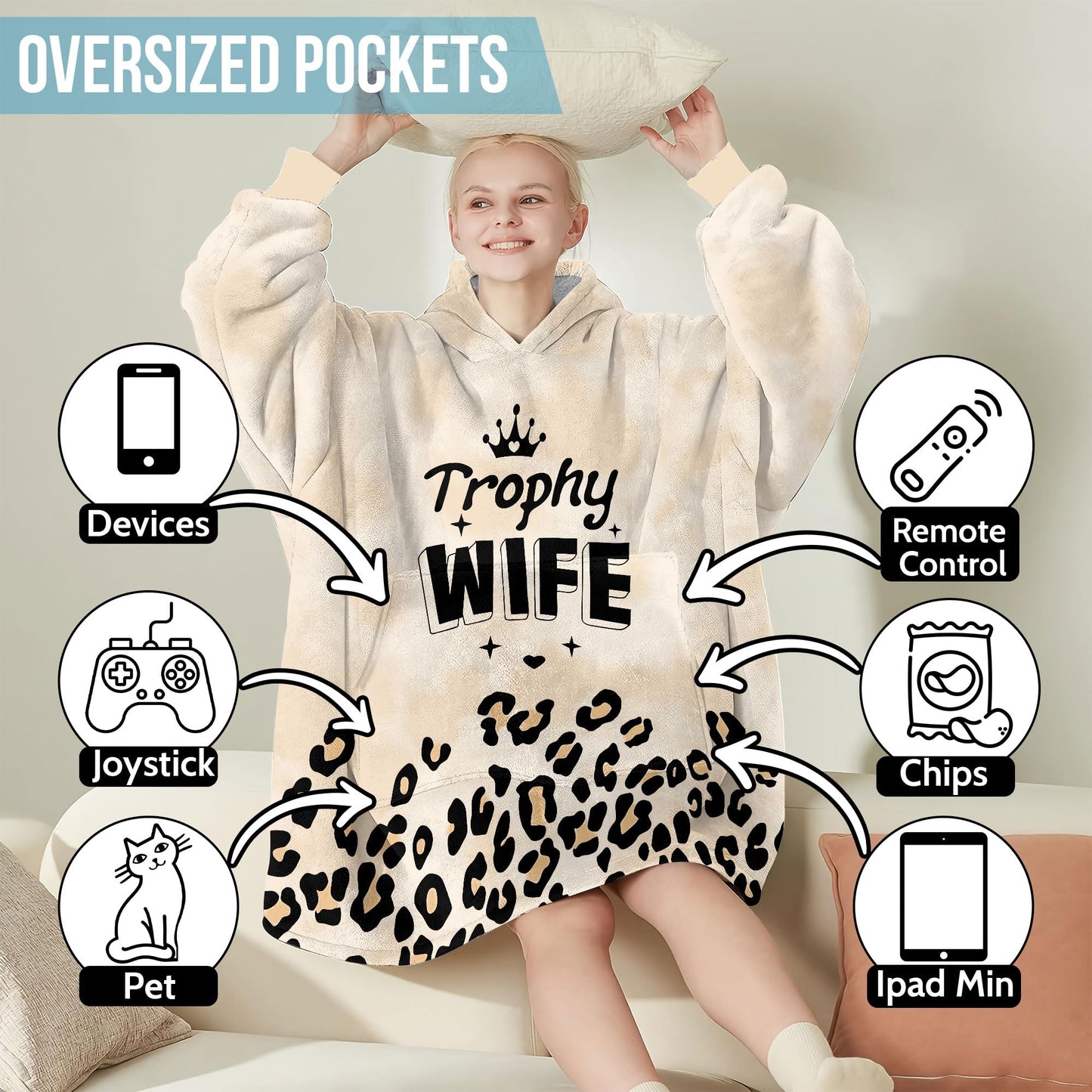 Warmstorey Wearable Blanket Hoodie Leopard Trophy Wife Hoodie Blankets - Cozy Wearable Hoodies Blanket From Husband - Anniversary Birthday Gifts For Wife - Wife Mothers Day Gifts From Husband
