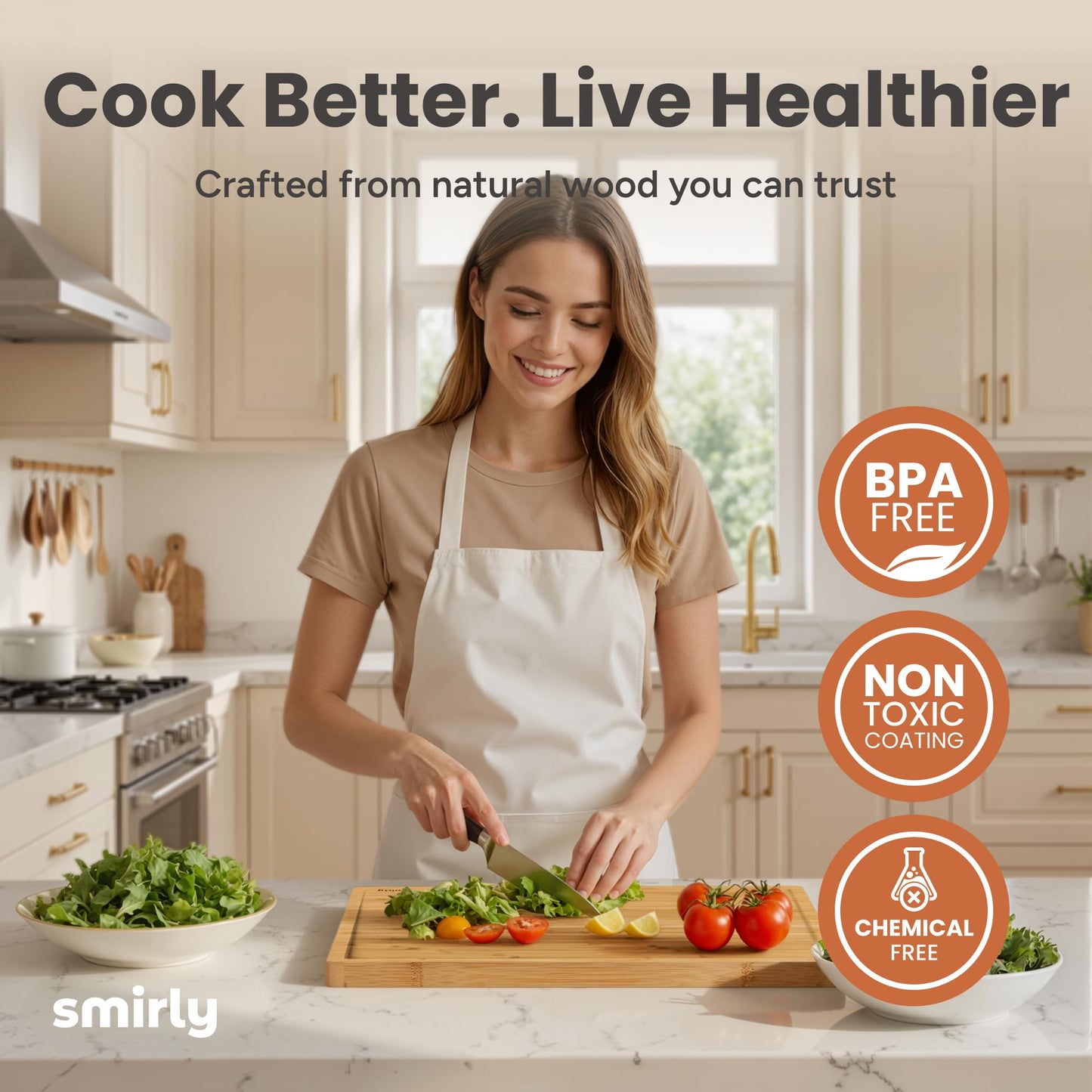 SMIRLY Bamboo Cutting Boards for Kitchen - Wood Cutting Board for Meal Prep, Serving, Charcuterie - Kitchen Gadgets, House Warming Gifts - Wooden Chopping Board Set of 3 with Holder - Natural Bamboo