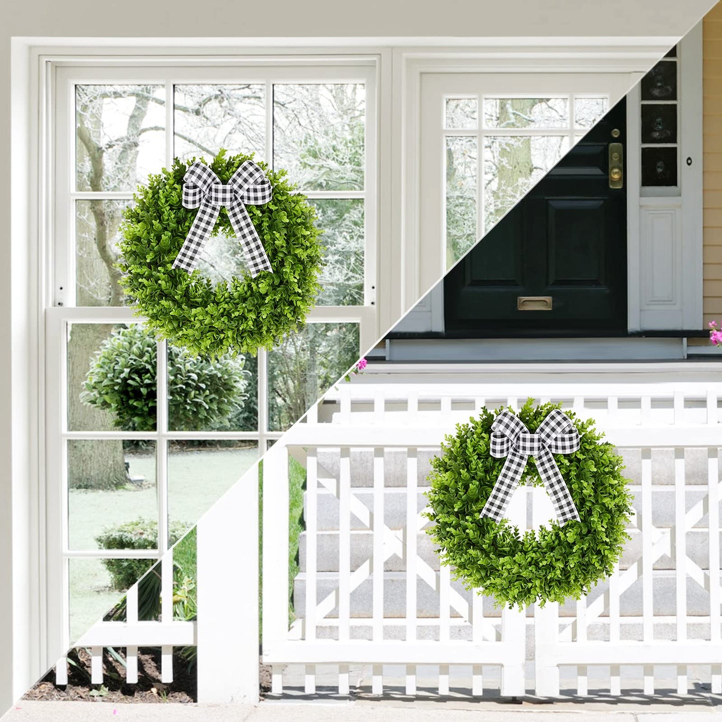 Vlorart 20" Boxwood Wreath for Front Door with Sash & Plaid Bow, Full Lush Artificial Greenery Wreath for Spring Summer Farmhouse Wall, Window & Wedding Decor