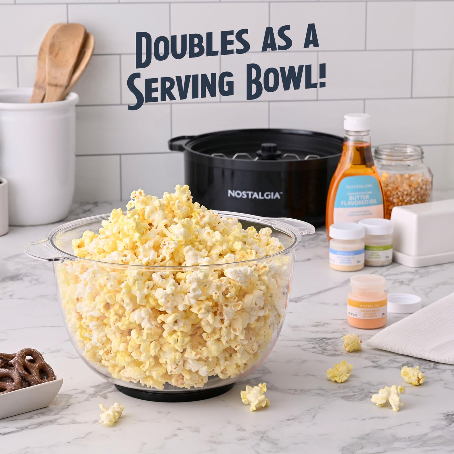 Nostalgia Classic Electric Stirring Popcorn Maker, Makes 8 Cups, Large Lid Doubles as Serving Bowl, Quick Heat Technology, for Kettle Corn and Roasted Nuts, Black