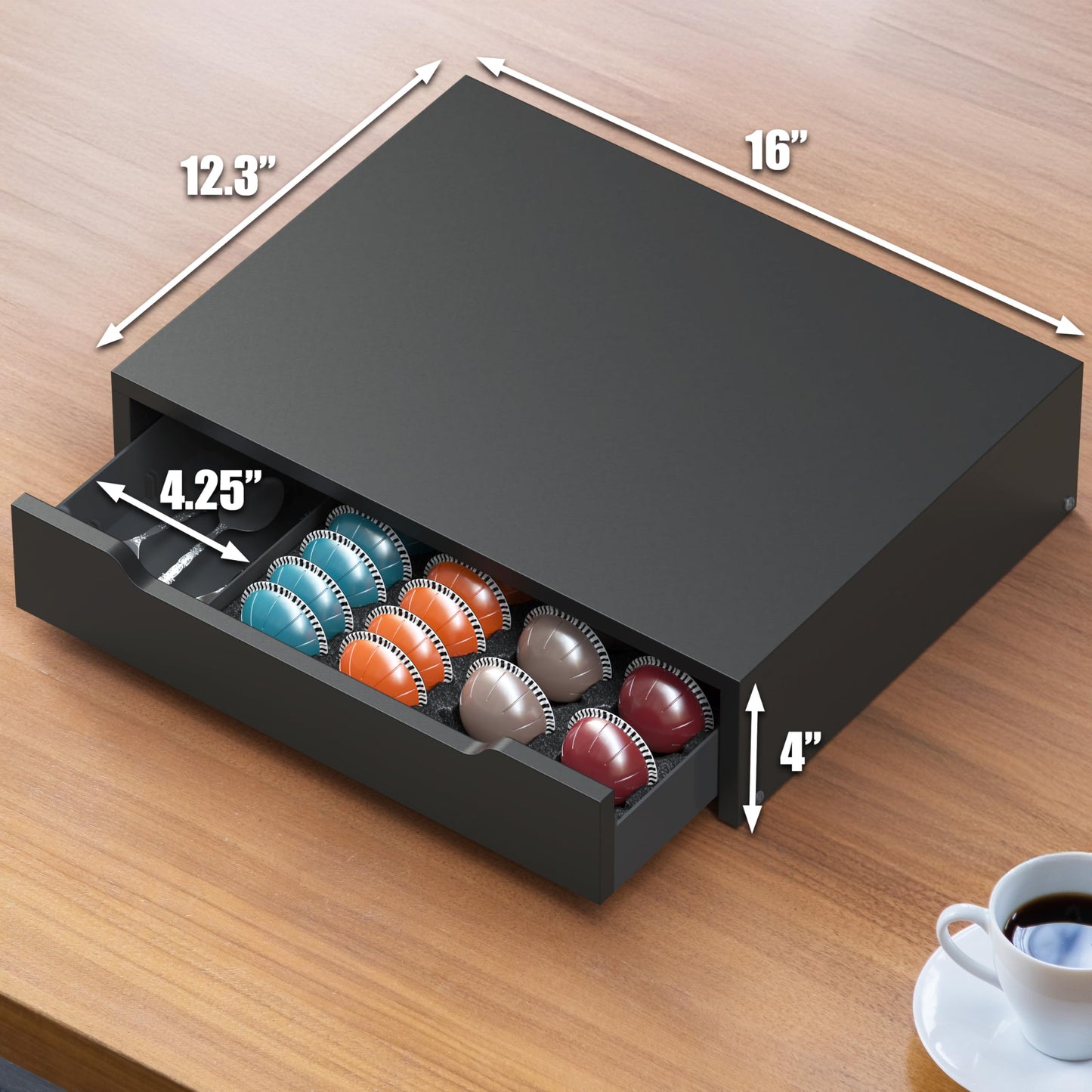 Deco Brothers Vertuoline Pod Holder Drawer with Adjustable Divider, Compatible with Nespresso 40 Small or 20 Large Capsules Coffee Bar Station, Wood Top Stand with Side Storage for Accessories, Black