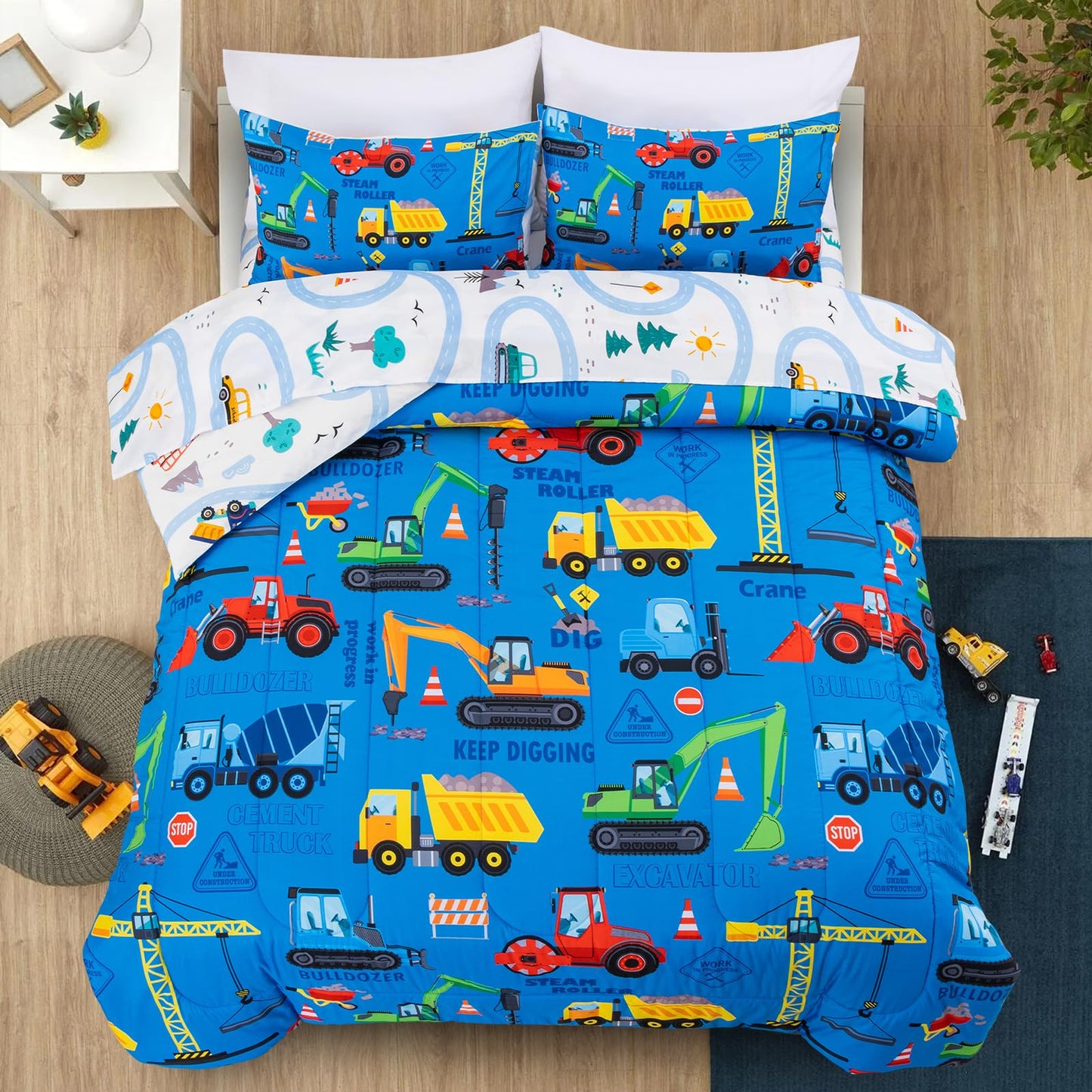 Holawakaka Trucks Excavator Cars Boy Bedding Comforter Set with Sheets, Twin Size Cartoon Construction Car Tractors Print Kids Bed in A Bag 5-Piece, Boys Reversible Dorm Bed Sets (Blue Twin)