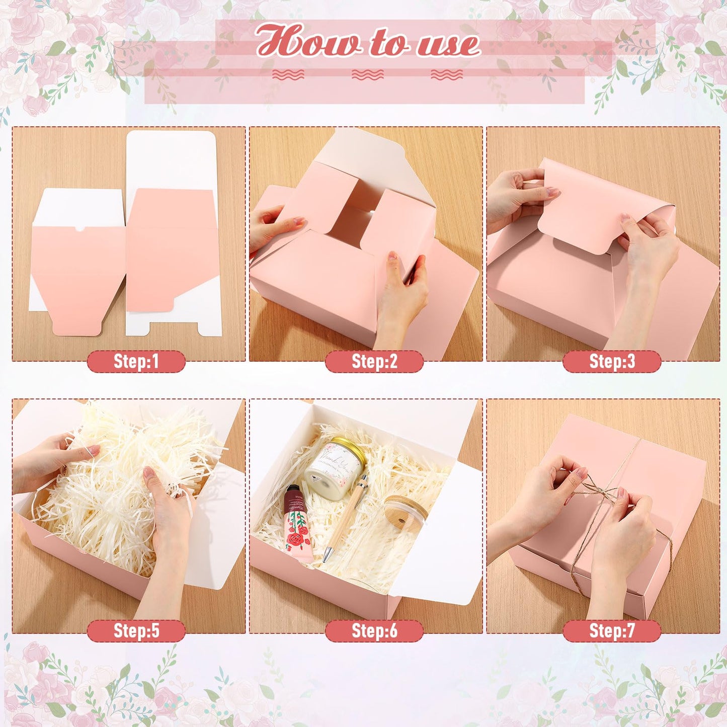 Reallnaive 6 Sets Baby Shower Prizes for Game Winners, Baby Shower Favors Including Glass Cup Scented Candles Hand Cream Pens Gift Box with Raffia for Gender Reveal Wedding Bridal Party Prizes(Pink)
