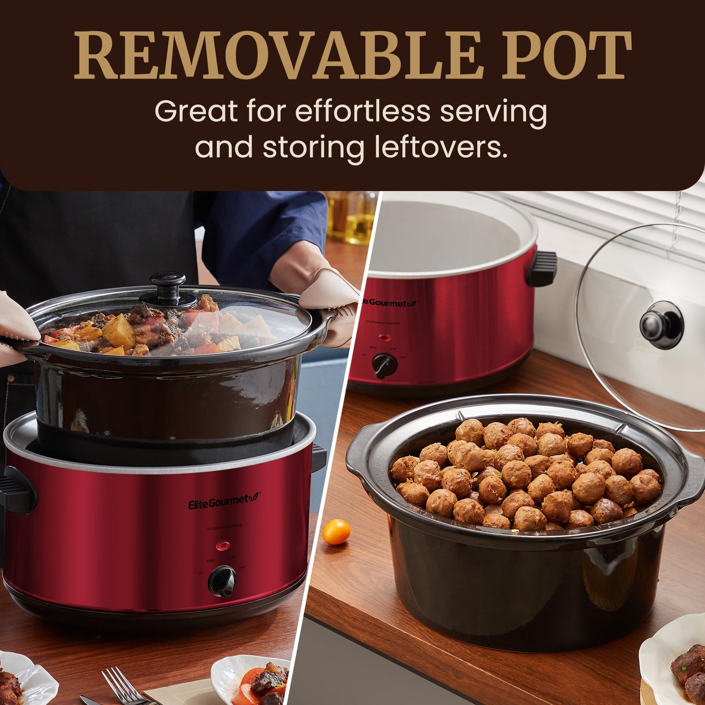 Elite Gourmet MST-900RXT Electric Ceramic XL Jumbo Slow Cooker, Adjustable Temp, Entrees, Sauces, Stews & Dips, Dishwasher Safe Glass Lid & Crock, 8.5Qt, Metallic Red