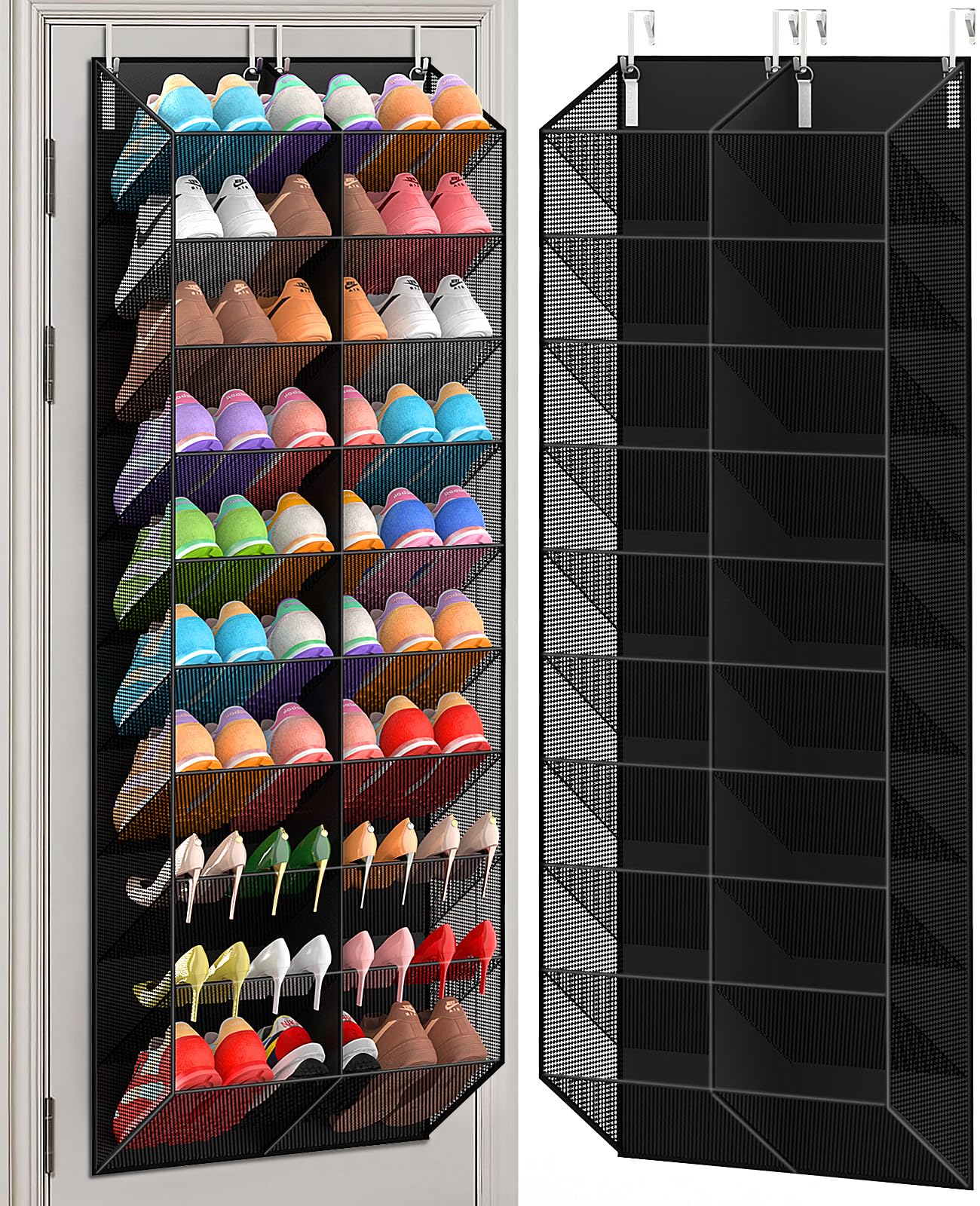 UVIAHOMI 20-30 Pairs Over the Door Shoe Organizer, Breathable Pocket Hanging Shoe Storage for Closet, 10-Tier Door Shoes Rack, Handing Shoes Holder Fit All the Family's Sneakers, Boots, Heels, Black