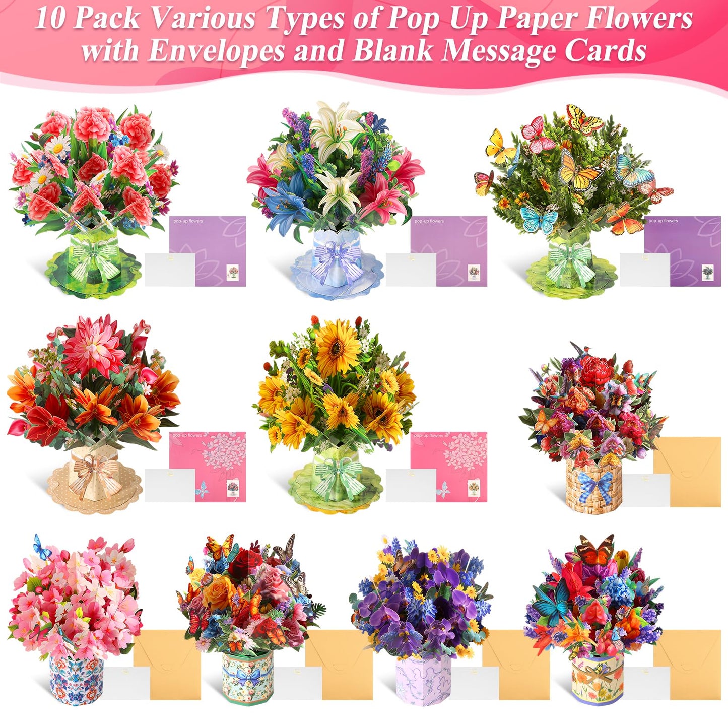 ROADPLUM 10 Pack 3D Pop Up Flower Bouquet Greeting Cards with Envelopes & Message Notes, Paper Flower Cards for Mother's Day, Birthday, Graduation, Anniversary, Congratulations, Get Well Gift