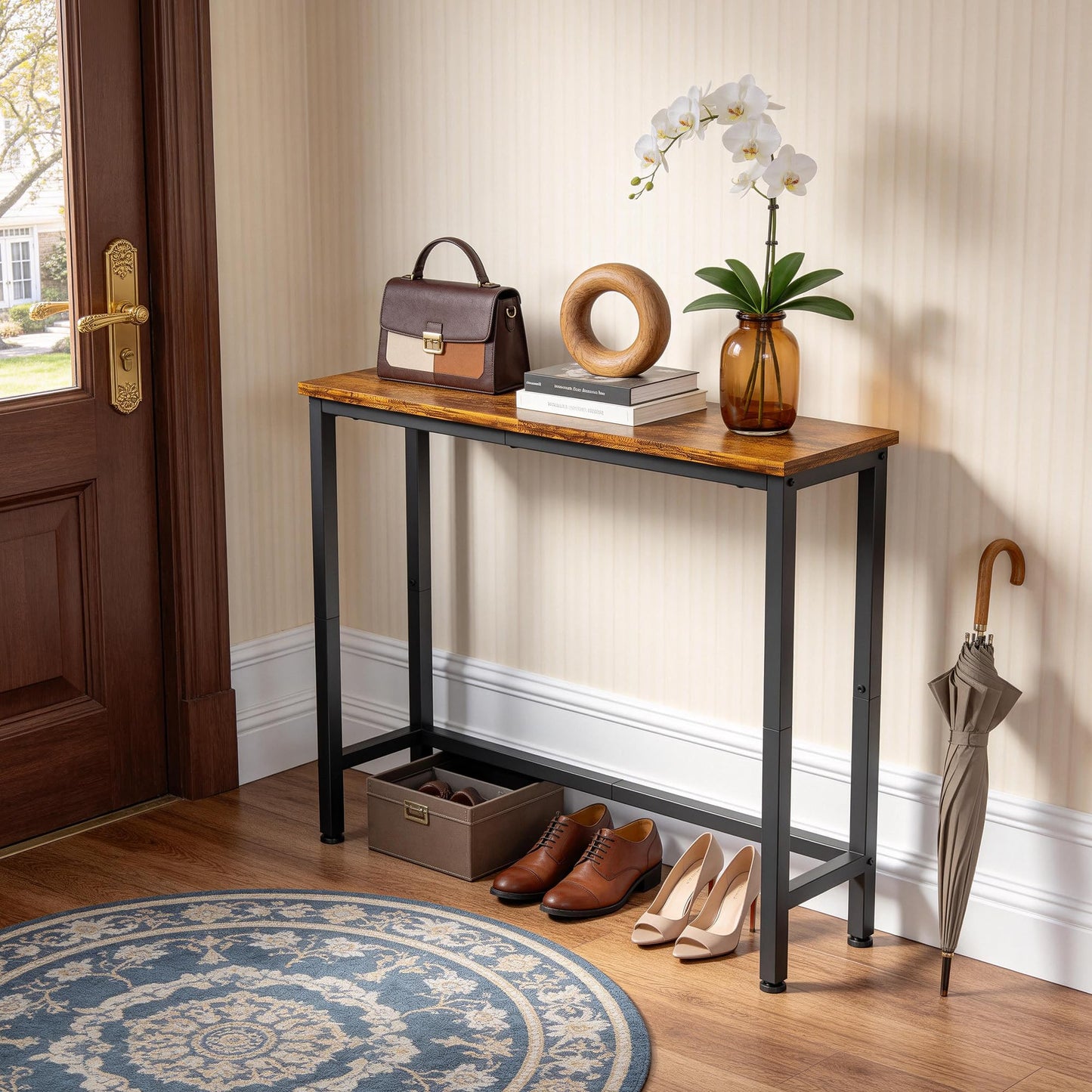flevra 29.5 Inch Narrow Console Table, Small Entryway Table with Metal Frame, Skinny Sofa Table for Living Room Hallway Bedroom Foyer, Slim Hallway Shelf, Modern Entryway Furniture, Rustic Brown