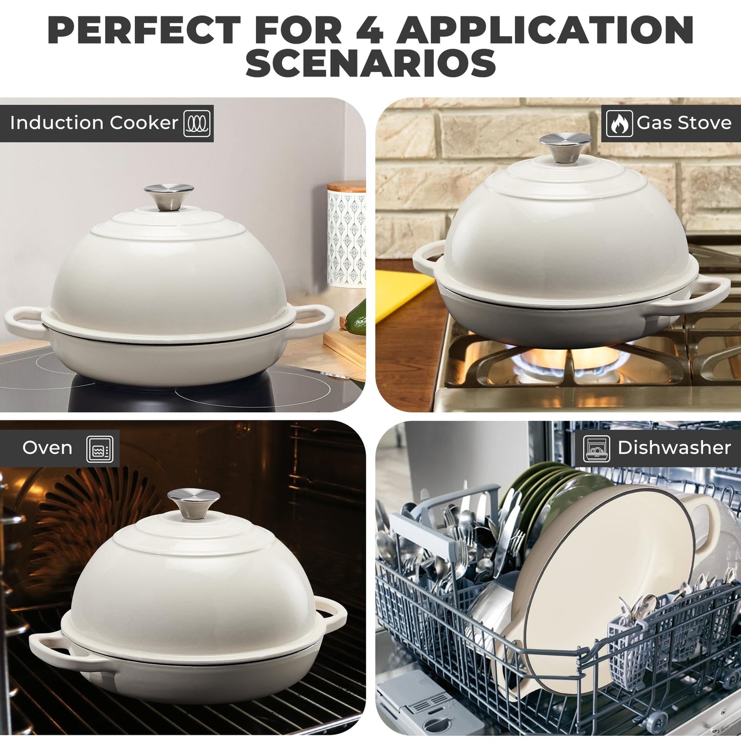 Cast Iron Bread Oven for Sourdough, 6Qt Bread Baking Pan with Lid, Enameled Sourdough Dutch Oven for Bread Baking, Oven Safe up to 482℉, White