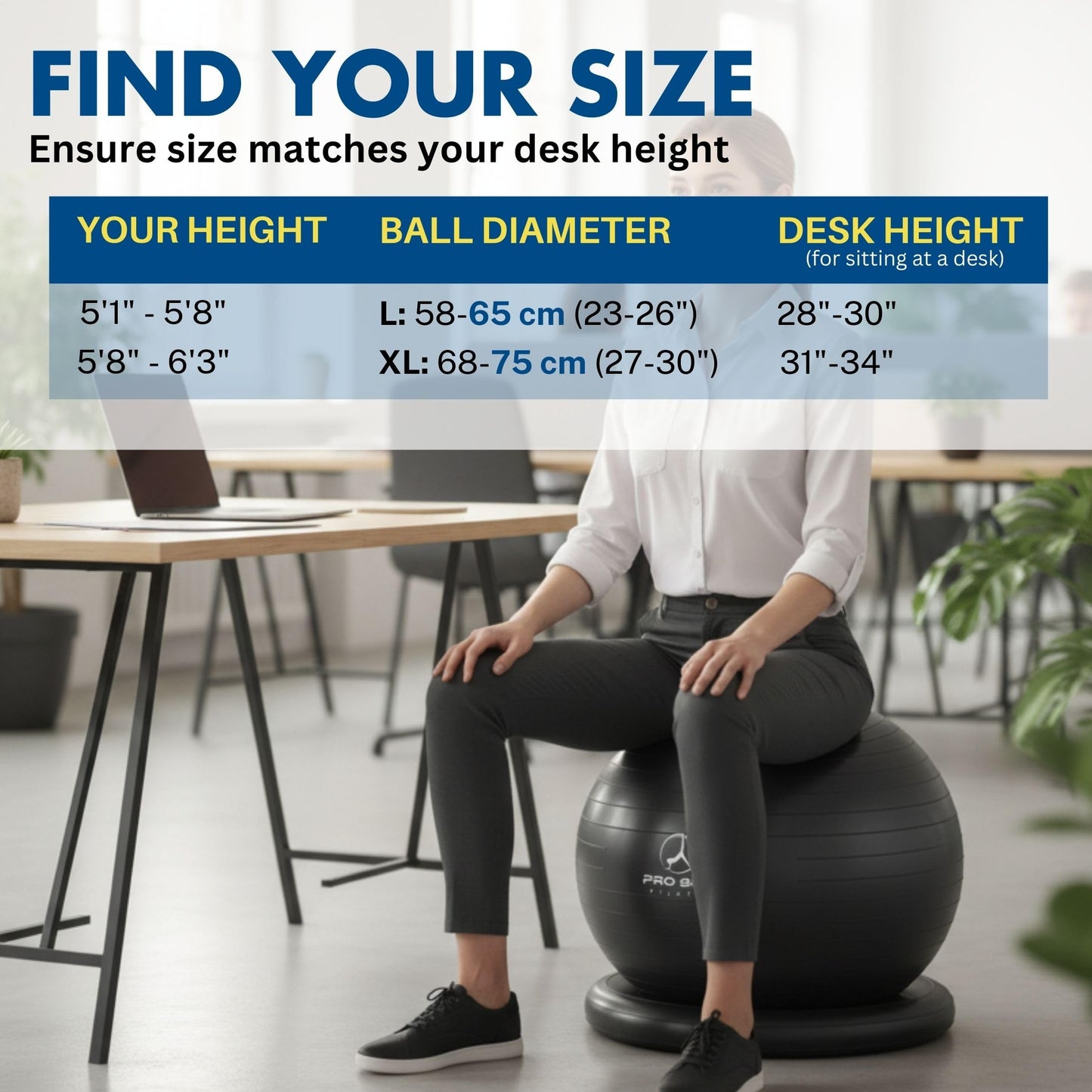ProBody Pilates Yoga Ball Chair, Exercise Ball Chair with Base or Stand for Home Office Desk Sitting or Workout, Balance & Stability Ball Seat, Large Gym Ball for Back (Blue with Bands)