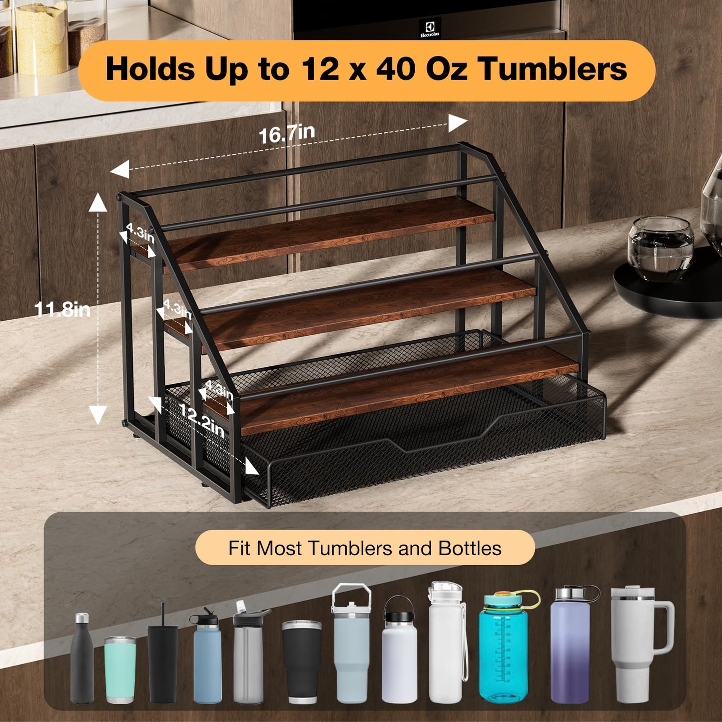 MOJOHAND Water Bottle Organizer for Stanley, 4-Tier 12 Bottles Rack with Storage Basket for Cup Accessories, Large Tumbler Holder Stand, Water Bottle Holder Wine Rack