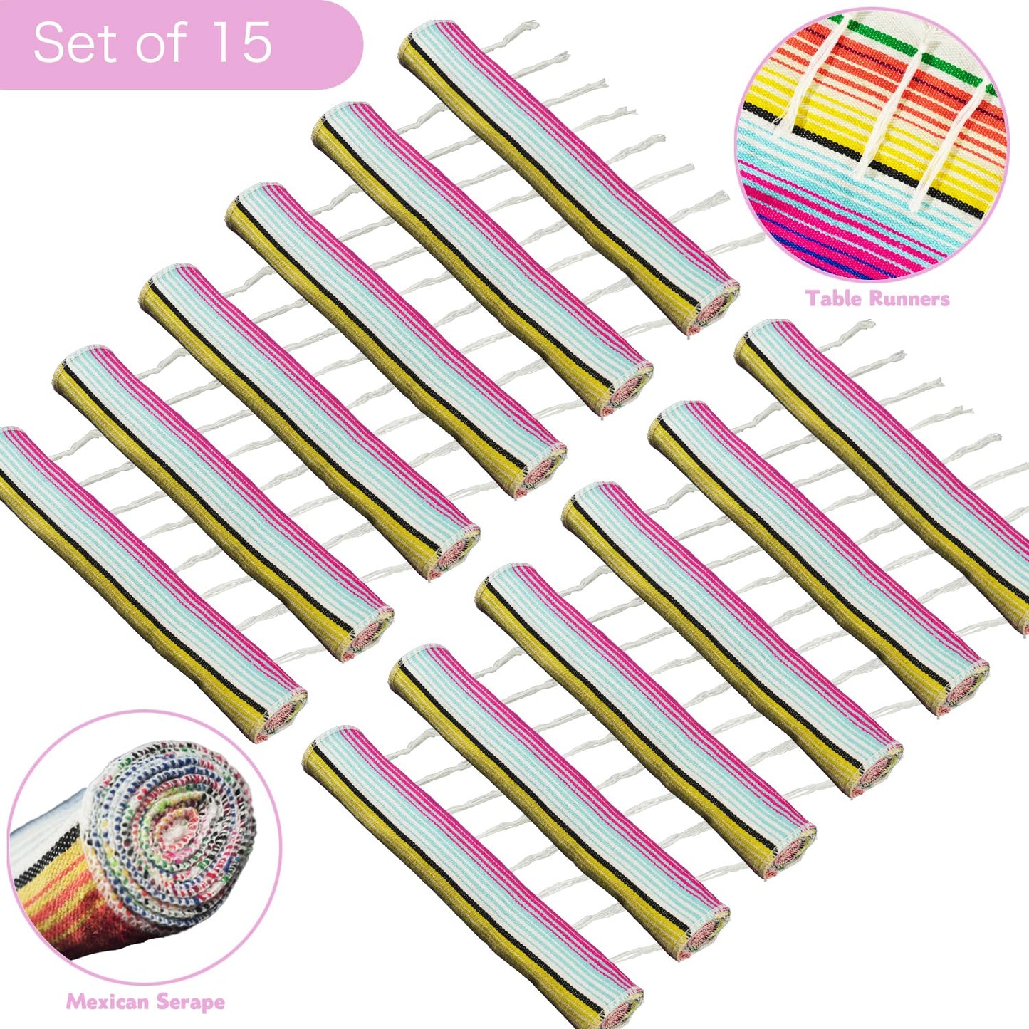 15 Pcs Mexican Table Runner Fiesta Mexican Theme Party Decoration for Cinco de Mayo Fiesta Party Serape Zarape Table Runner 14 x 84 Inch (Novel Style)