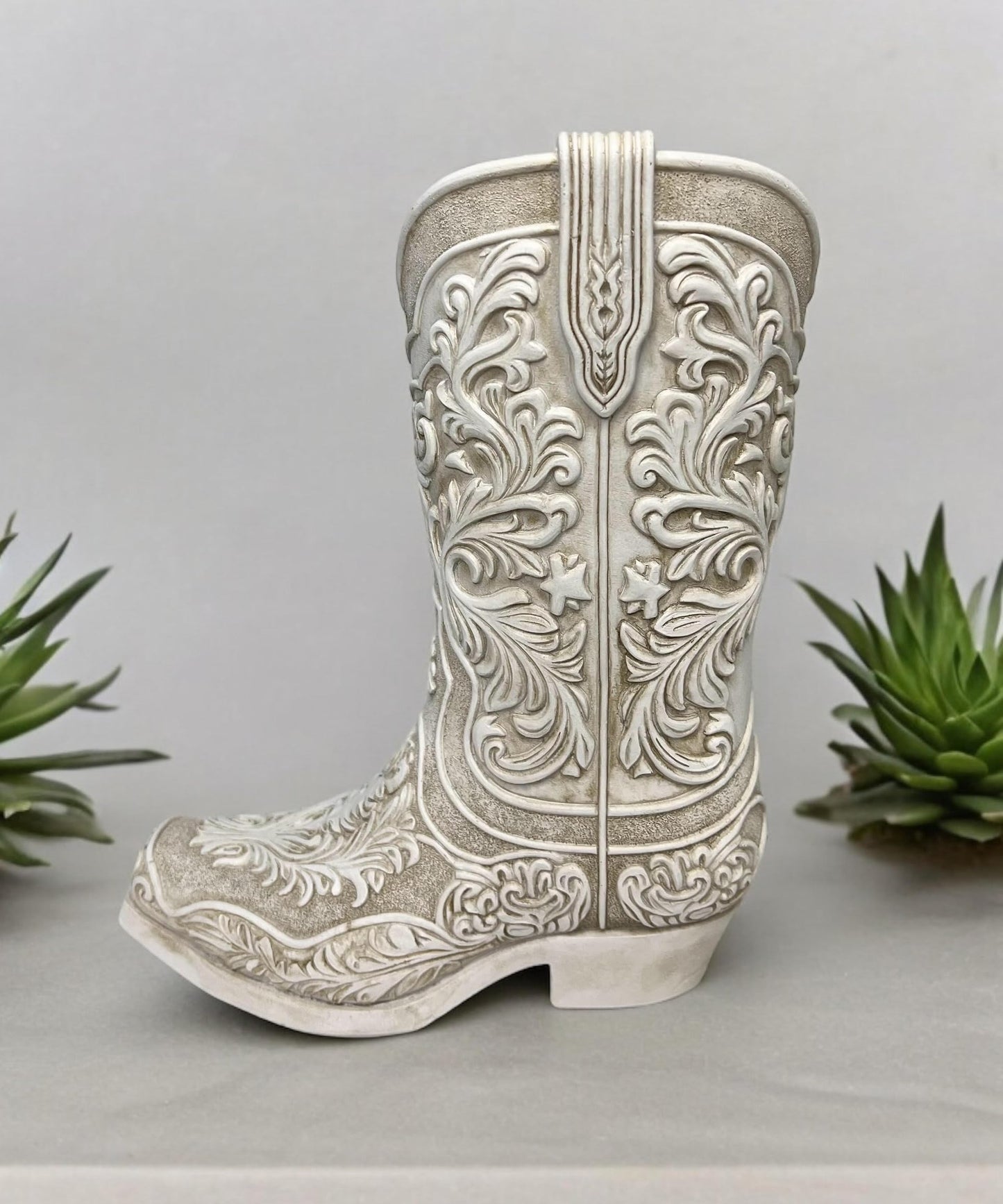 Cowgirl Boot Flower Vase – 9” Tall Antique White Finish with Intricate Tooled Leather Detailing - Decorative Western Cowboy Modern Rustic Decor