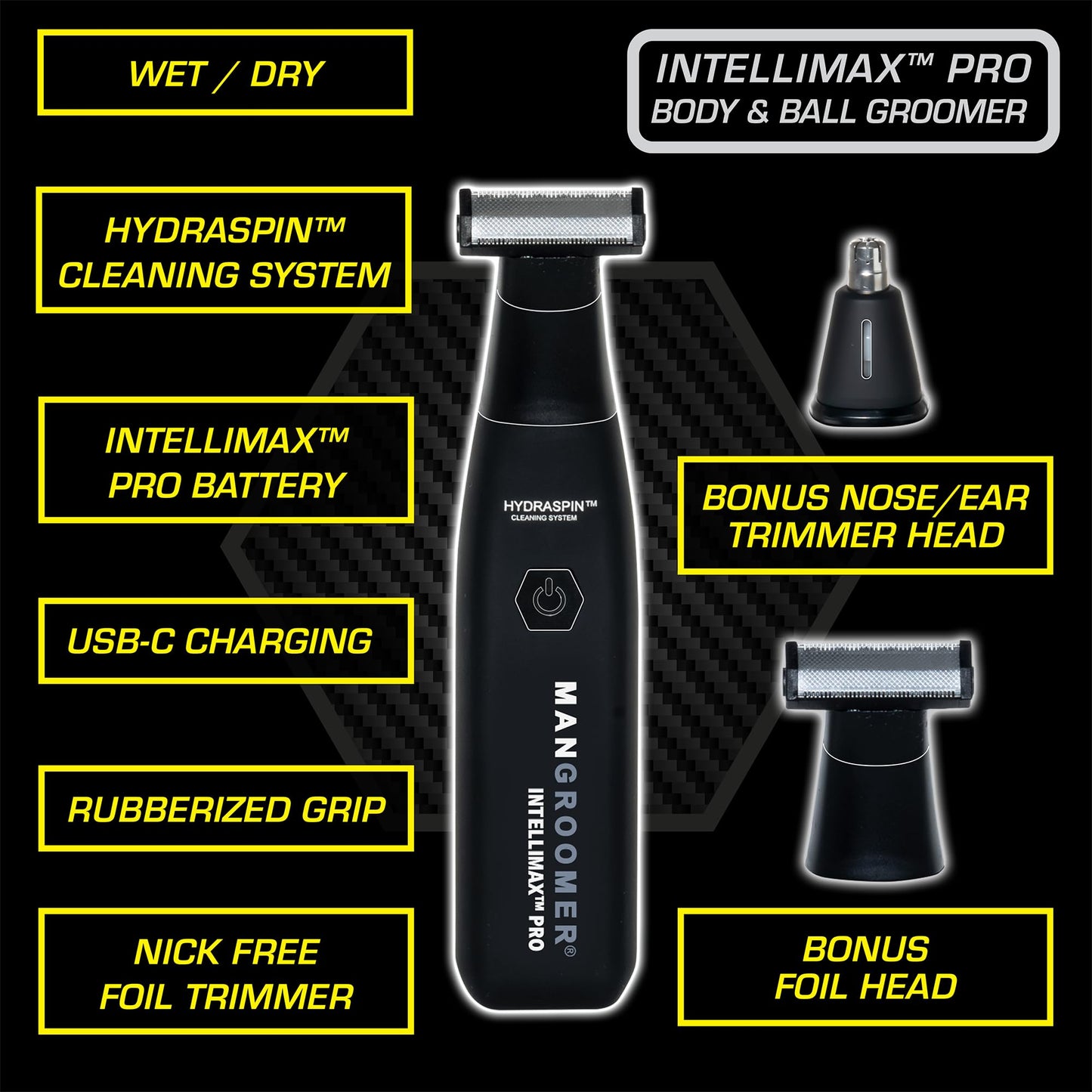MANGROOMER INTELLIMAX PRO Body and Ball Groomer, Groin Trimmer for Men, Electric Ball Trimmer, Pubic Shaver, with Free Bonus Foil Included and Free Nose Trimmer Replacement Head