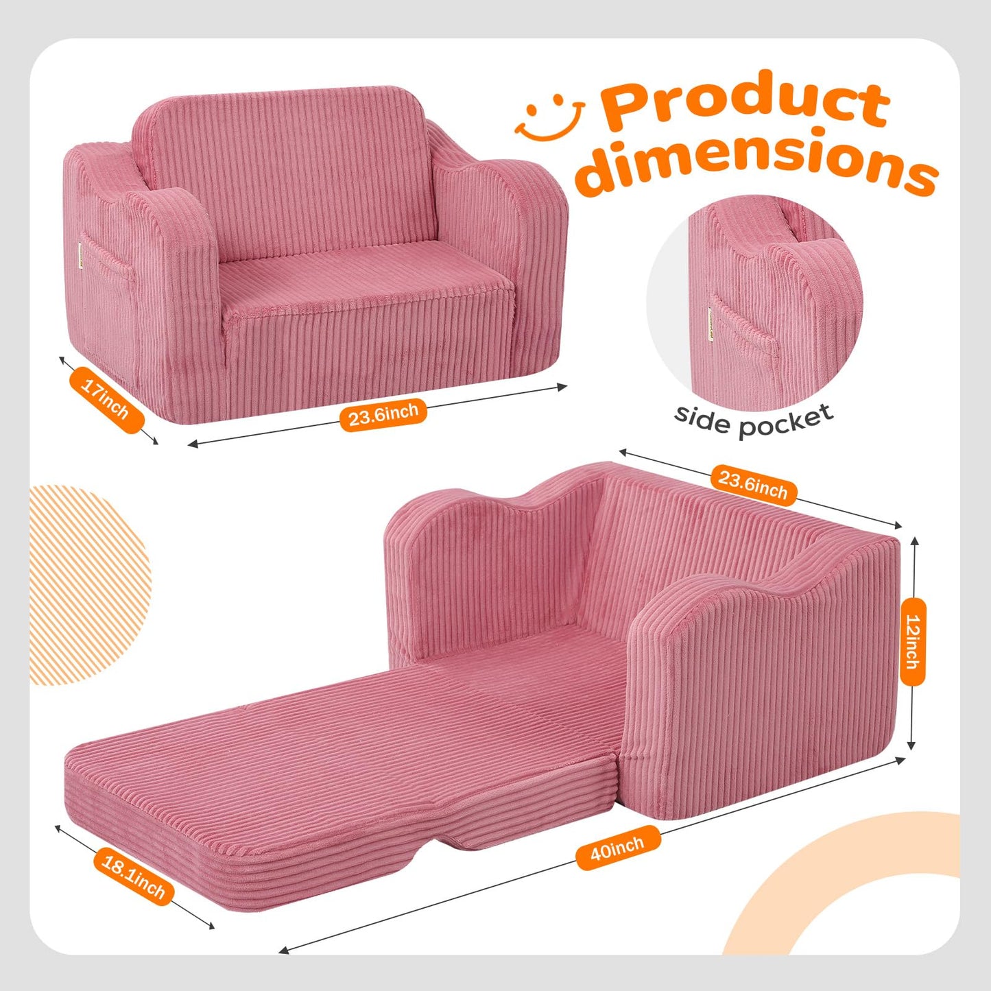 MeMoreCool Corduroy Pink Kids Chair, 2-in-1 Kids Couch Fold Out to Lounger for Girls, Comfy Foam Sofa for 1-3 Year Old with Washable Cover for Playroom and Bedroom