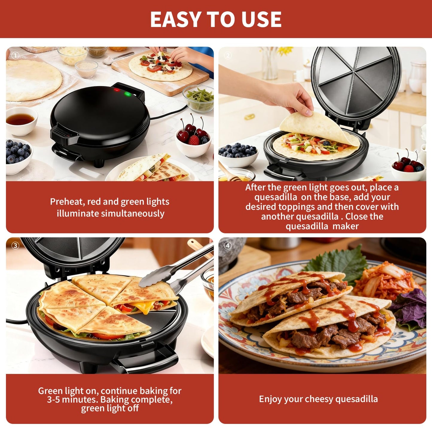 Electric Quesadilla Maker, 9.5'' Quesadilla Press with Easy Slice 6 Wedge, Non Stick Surface, Locking Latch For Extra Stuffing, Grilled Cheese Corn Flour Tortilla Snacks