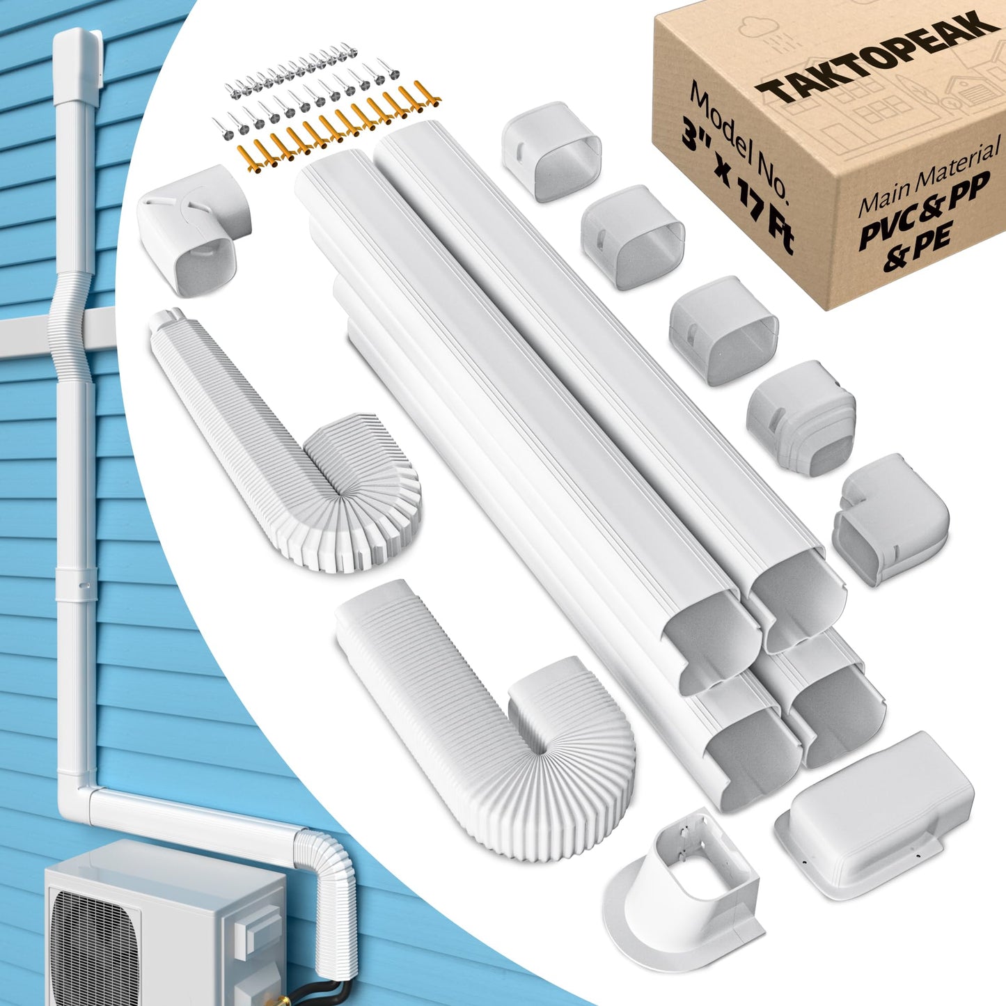 TAKTOPEAK Mini-Split Line Set Cover: 3'' 17 Ft Line Hide for Mini Split Air Conditioner Central AC HVAC - Waterproof Decorative Pipe Cover for Outdoor