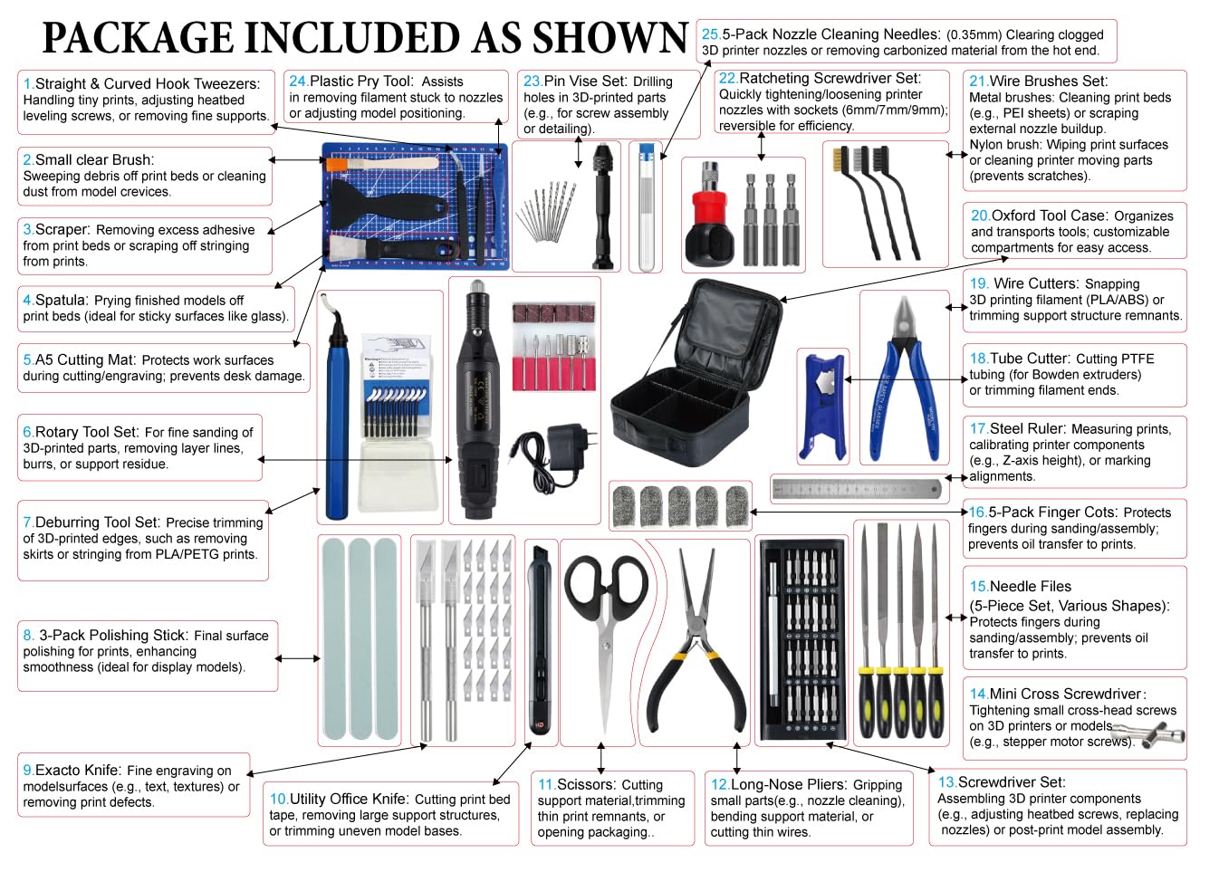 124Pcs 3D Printing Accessory Tools with Tool Bag for 3D Printer Modeler Basic Tools Diverse 3D Print Nozzle Cleaning Kit Mini Rotary Tool 3D Printer Tools for Remove/Trim and Finish 3D Print