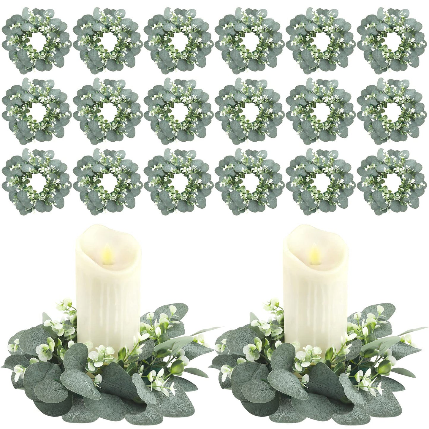 Panelee 20 Pcs Candle Rings Artificial Eucalyptus Candle Wreath Rings Greenery Leaves Boho Candles Garland Pillar for Wedding(Elegant Eucalyptus Leaf)