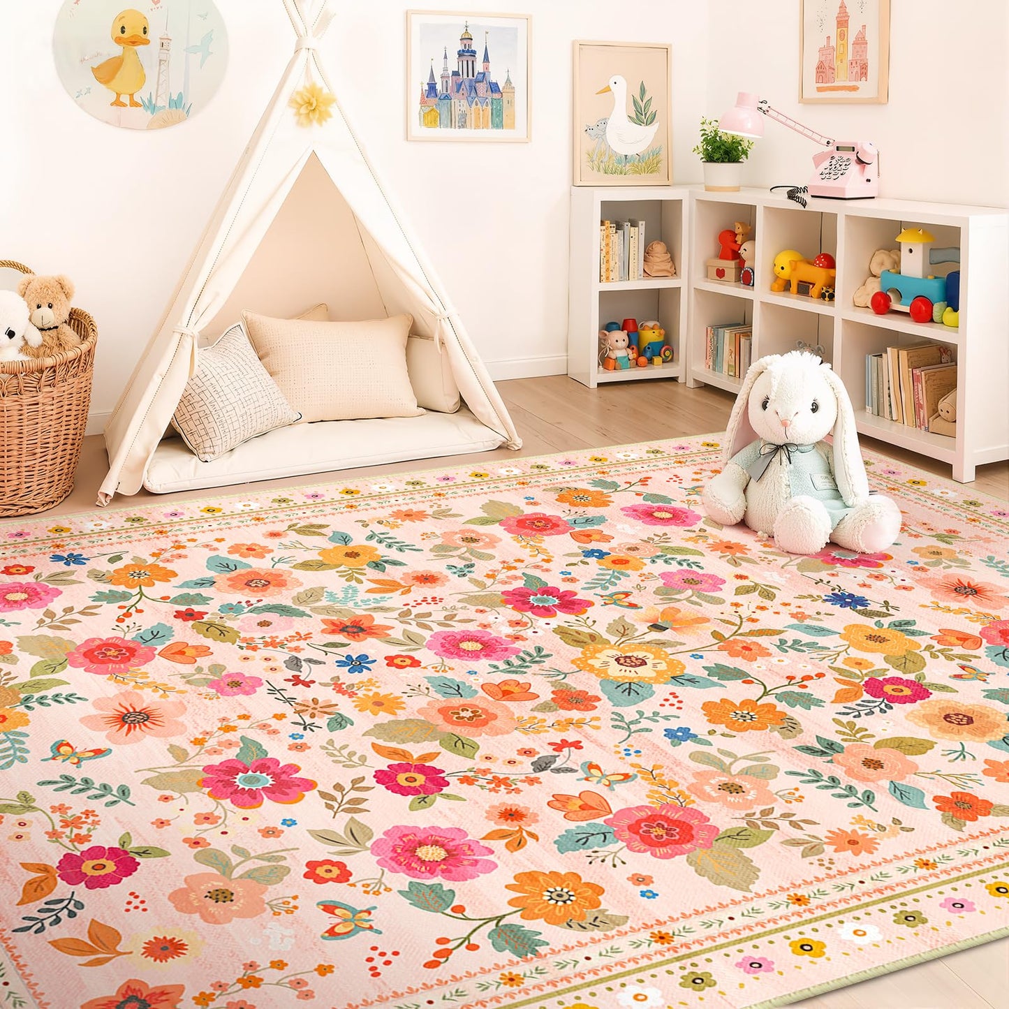 meejou 5x7 Area Rugs for Living Room Vacuum-Friendly Machine Washable Area Rug Flower Floral Printed Pattern Low Pile Non-Slip Carpet for Bedroom Hallway Entryway, Pink Beige