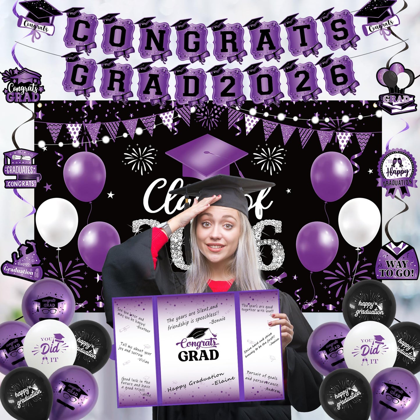 Vlipoeasn Purple 2026 Graduation Party Decorations 2026 College/High School Graduation Decorations Party Supplies, Black and Purple Class of 2026 Congrats Grad Backdrop Banner Signature Book