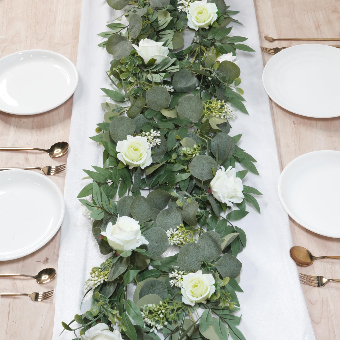 2 Pack Artificial Spring Eucalyptus Flower Garland with White Roses, 13Ft Fake Flower Greenery Floral Green Garland Vines for Wedding Arch Table Runner Backdrop Mantle Home Decorations (White)