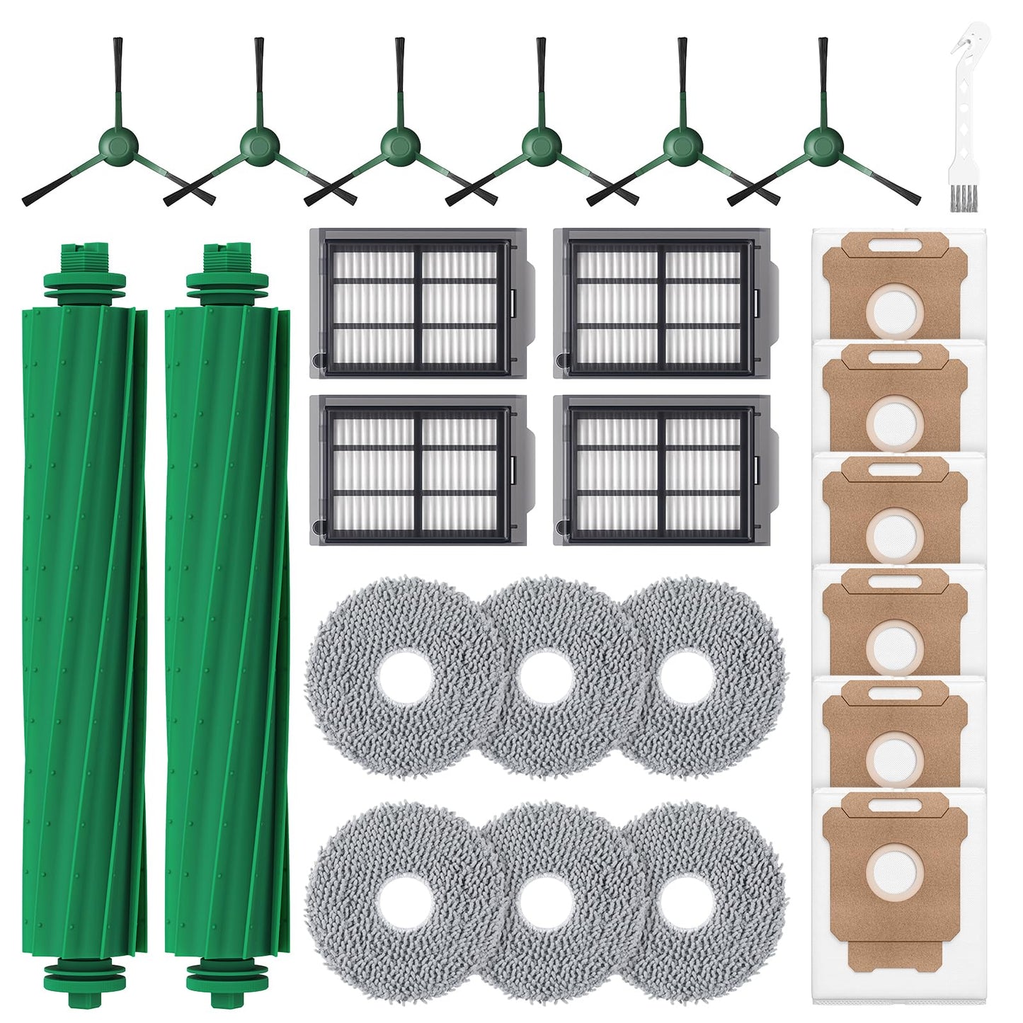 25 Pcs Replacement Parts Kit for iRobot Roomba Plus 405/505 / 507 Combo Robot Vacuum, Accessories Include 2 Main Brush, 6 Vacuum Bags, 4 Hepa Filters, 6 Mop Pads, 6 Side Brushes, 1 Cleaning Brush