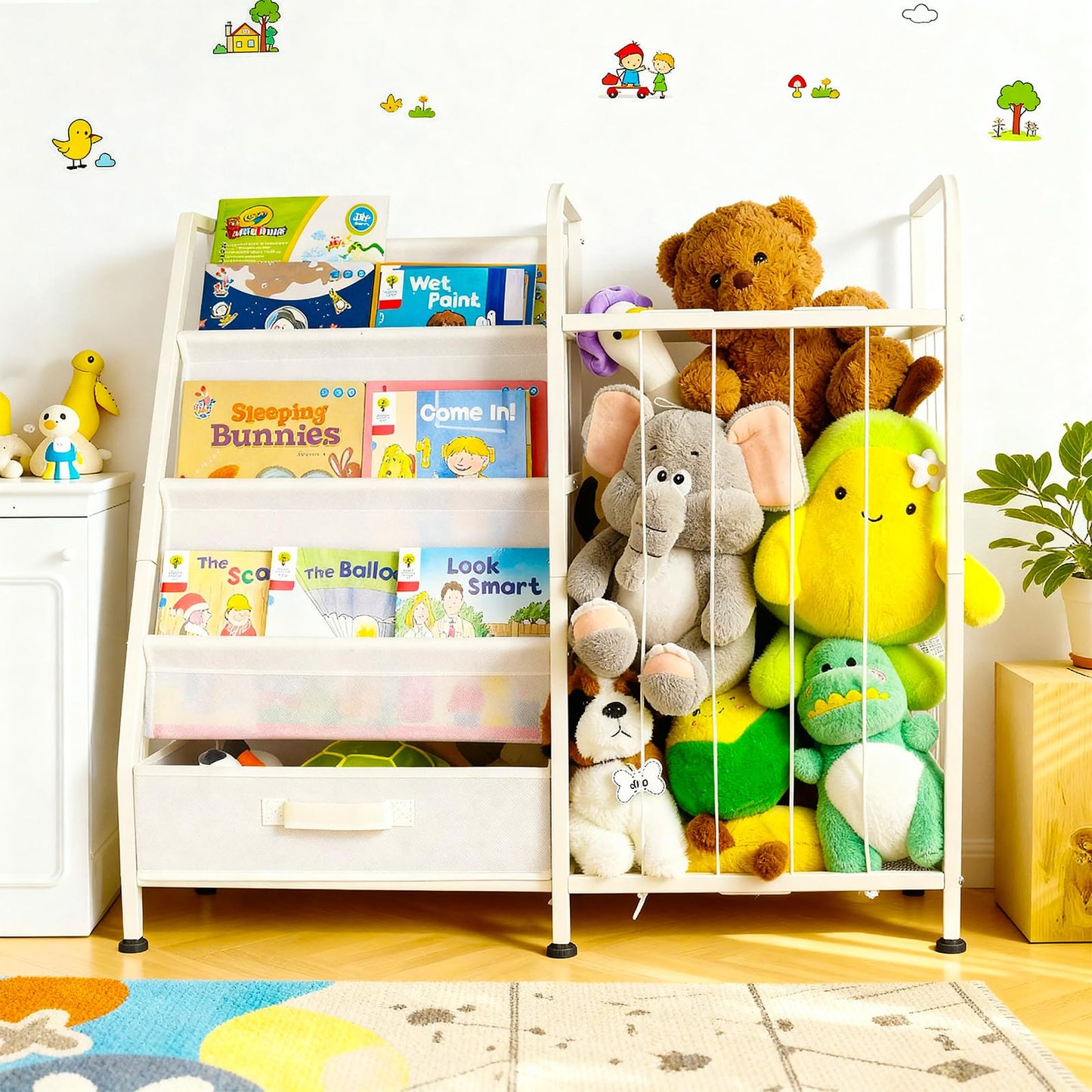 Kids’ Bookshelf & Stuffed Animal Storage – Large White 3-Tier Book Display Rack with Sling Shelves & Fabric Toy Chest | Toy Organizer for Playrooms, Bedrooms, Nurseries