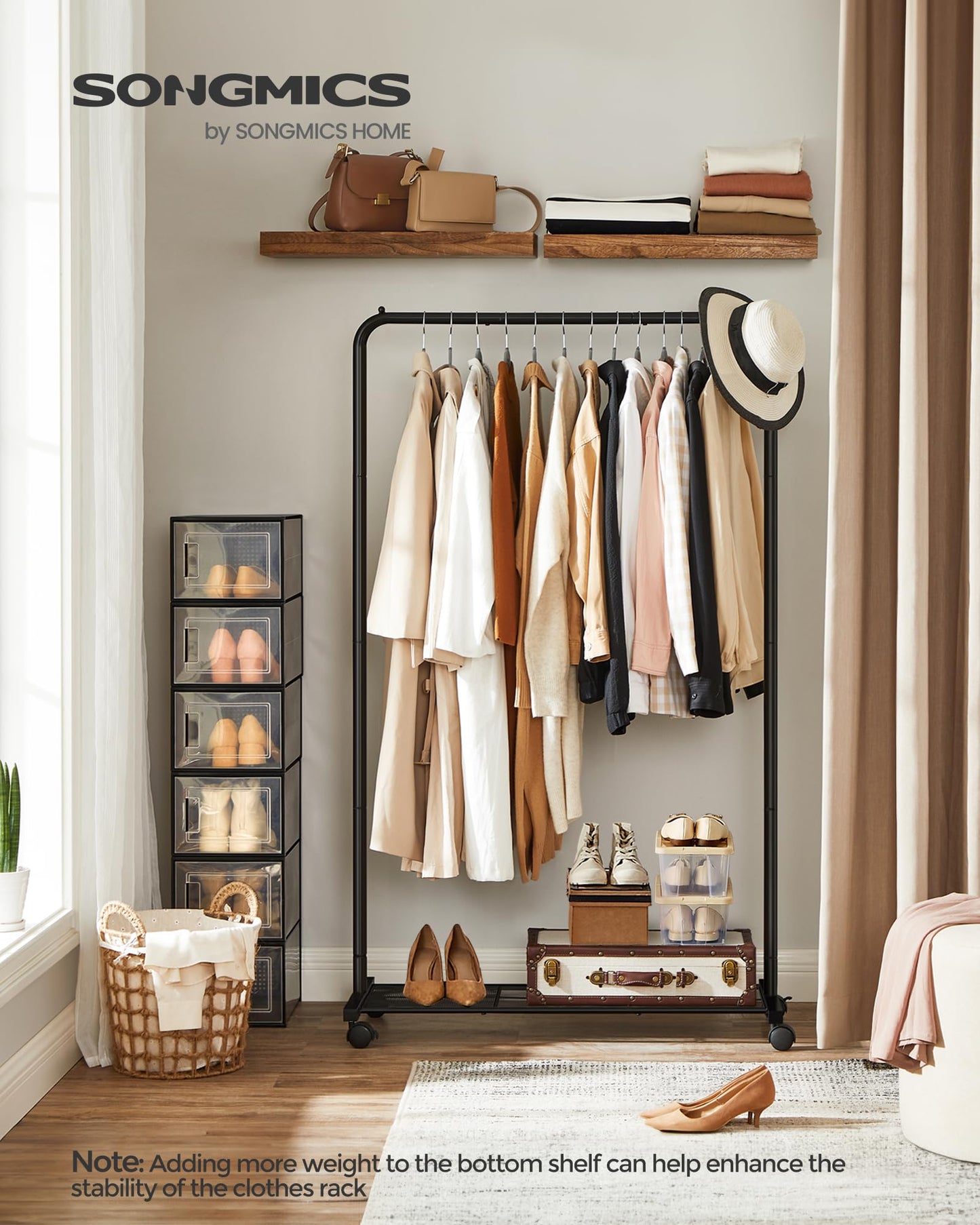 SONGMICS Clothes Rack with Wheels, Clothing Rack for Hanging Clothes, 25.4 mm Metal Garment Rack with Dense Mesh Storage Shelf, 110 lb Load Capacity, 2 Brakes, Black UHSR25BK