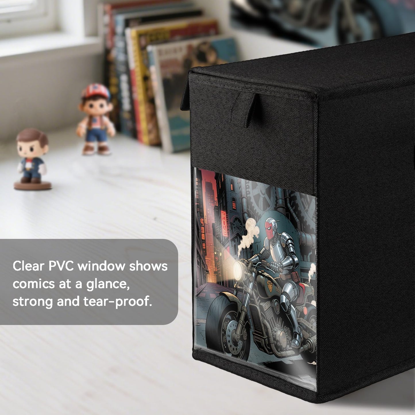 ComfortKeeper 4 Pack Comic Book Storage Box with Lid for Modern Age, Collapsible Magazine Organizer with Clear Window, Heavy Duty Case Container Holder, Black