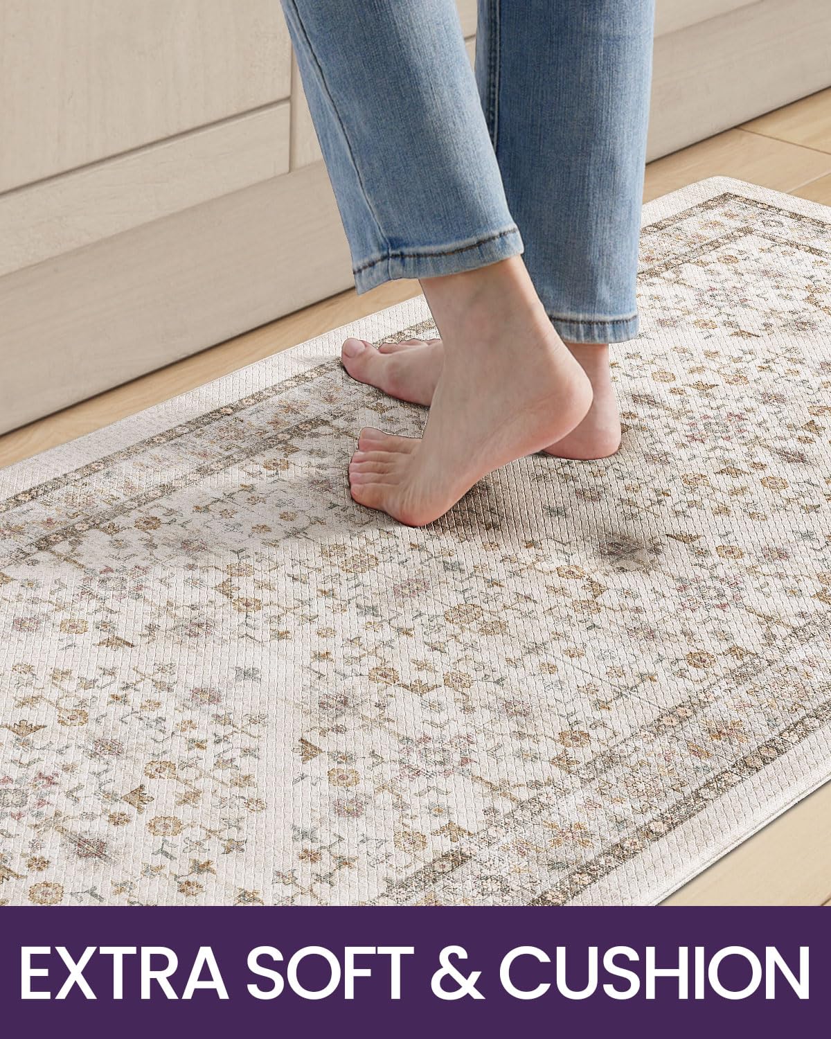 DEXI Kitchen Floor Mats Cushioned Anti Fatigue, 23x86 Long Wide Standing Comfort Runner Rug, Waterproof Rubber Memory Foam Padded for Front Sink Laundry, Beige/Ivory