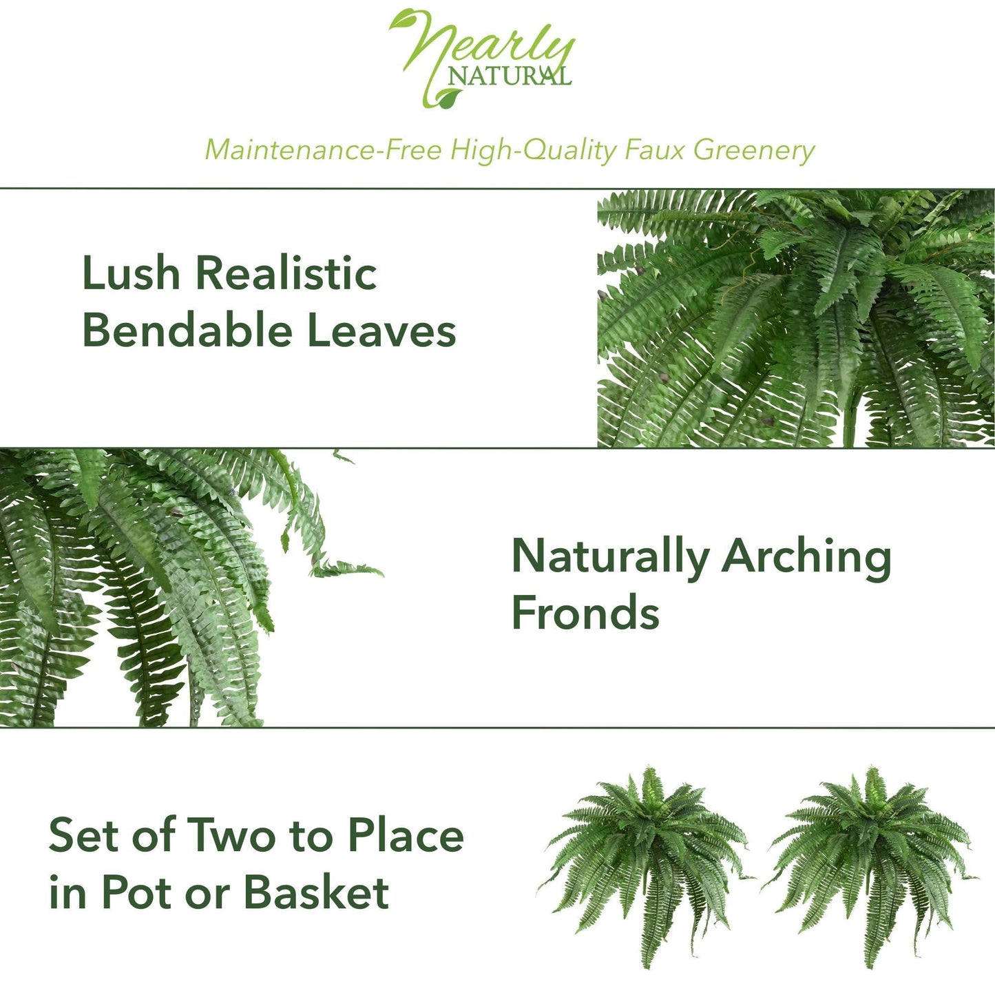 Nearly Natural 48in Boston Fern Artificial Plant, Large Hanging Fake Plant with 67 Long Realistic Fronds, Maintenance-Free Faux Fern for Office and Home Décor (Set of 2)