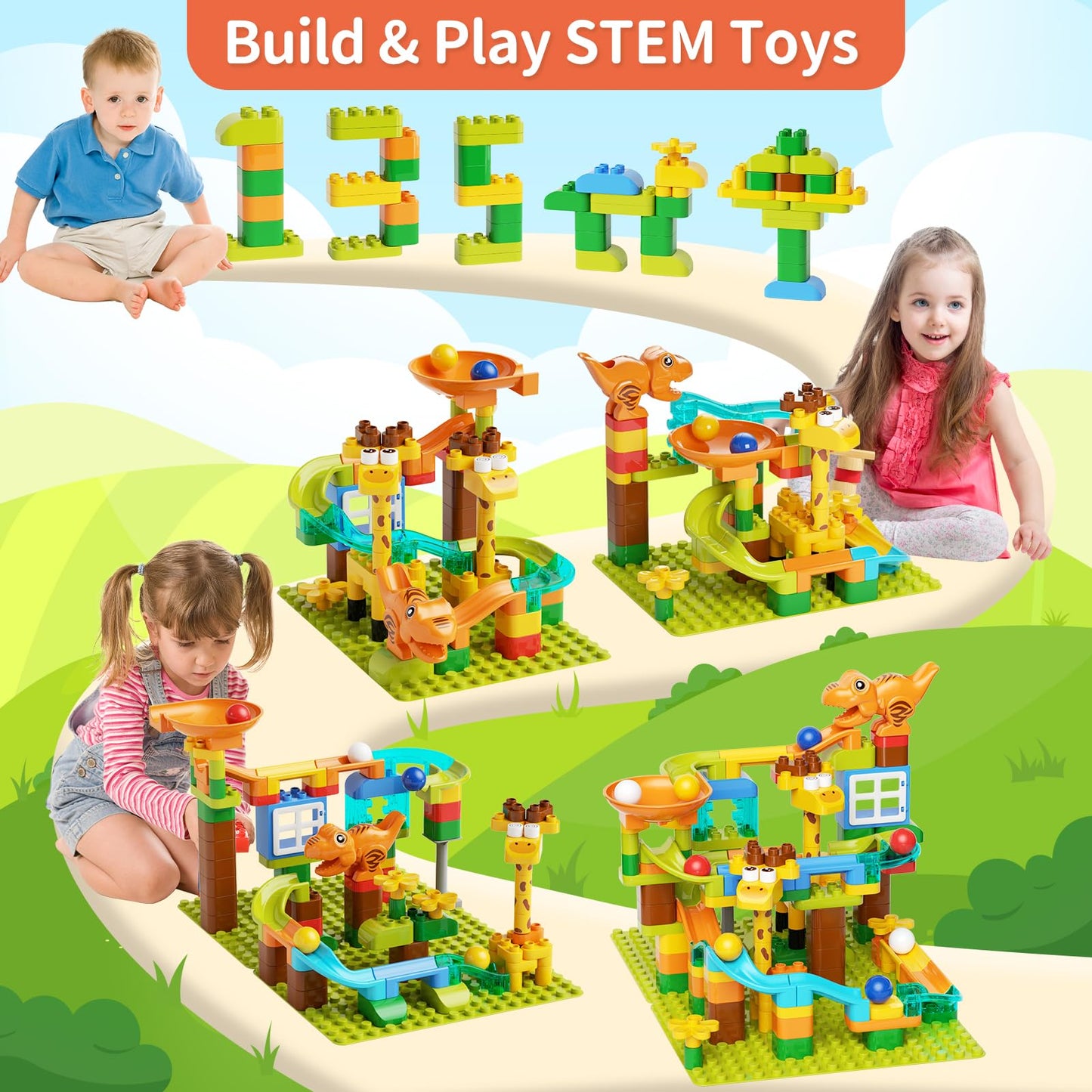 Marble Run for Kids Ages 4-8 145 PCS Dinosaur Giraffe Building Blocks with 10 Marbles Slide Dino Smooth Edges Design Works with Large Brick Toys STEM Track Toys Creative Gift for Boys Girls