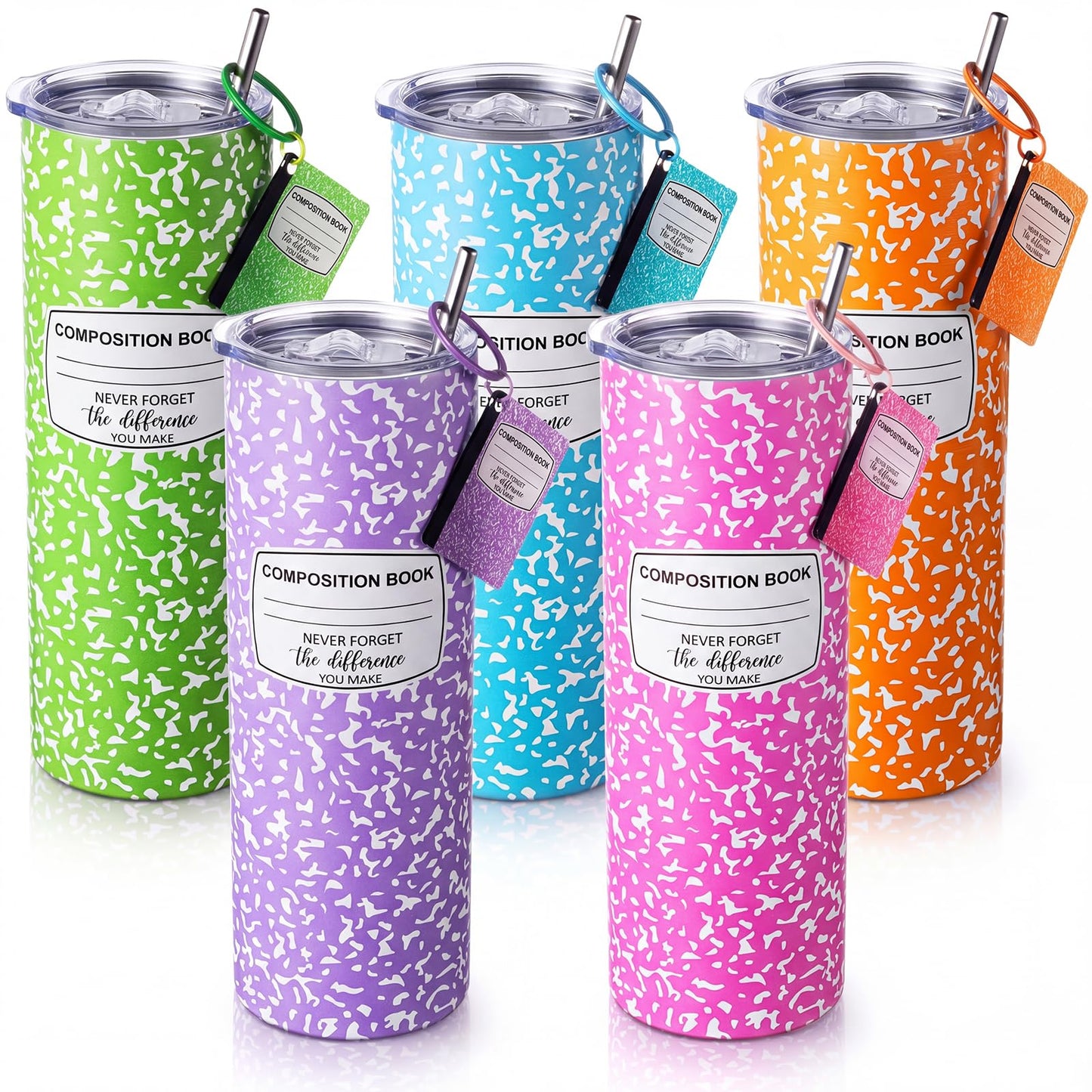 Geiserailie 5 Set Teacher Appreciation Gifts 20 oz Composition Book Tumbler Stainless Steel Cup Composition Keychains Teacher Appreciation Week Gifts Birthday End of Year Graduation (Multicolor)