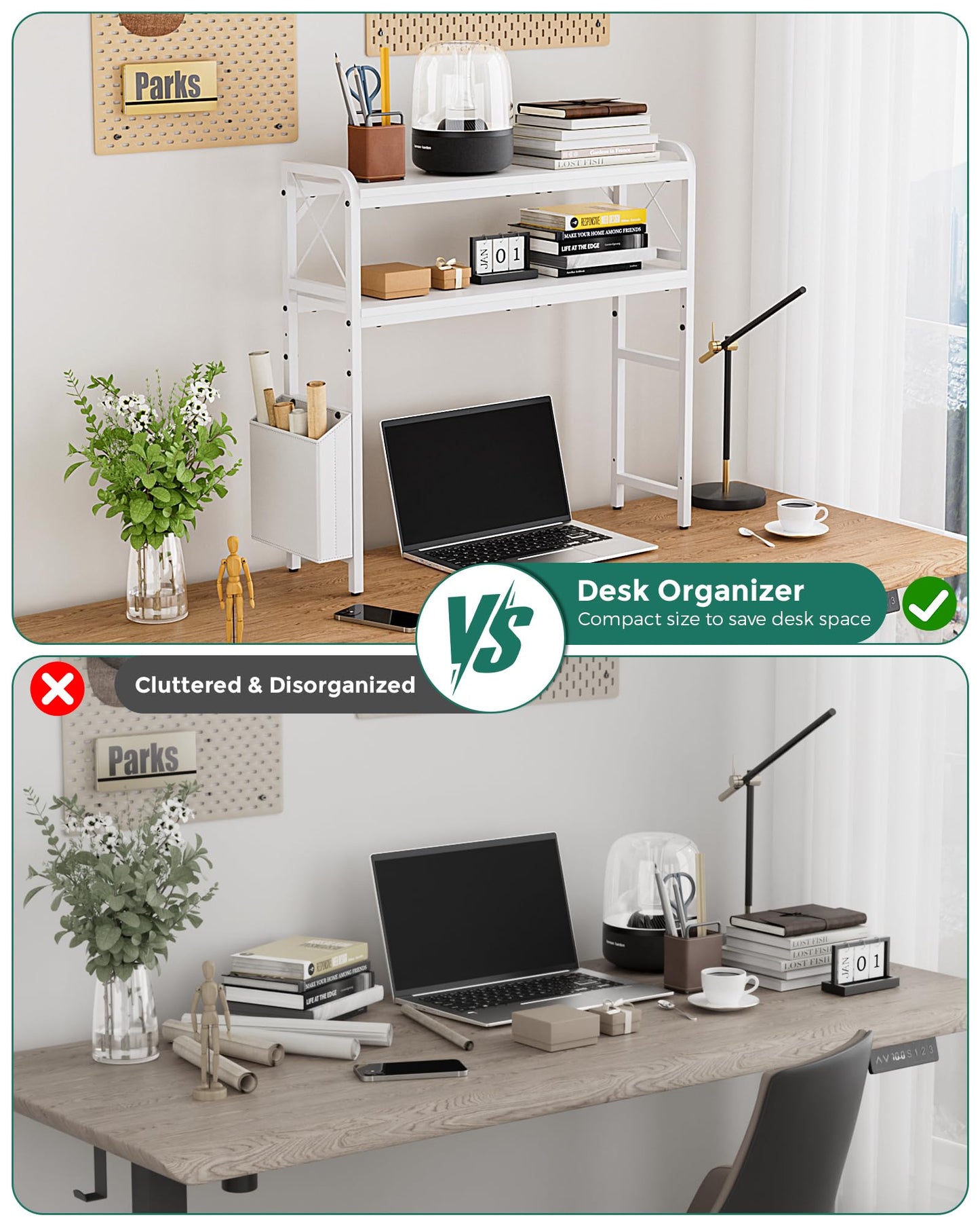 VERSASKY Desktop Shelves, Monitor Stand with Adjustable Shelves and Side Pockets, 2-Tier Desktop Bookshelf Organizer, Large Capacity Display Shelf Rack, Desk Hutch for Home Office, Study Room, White