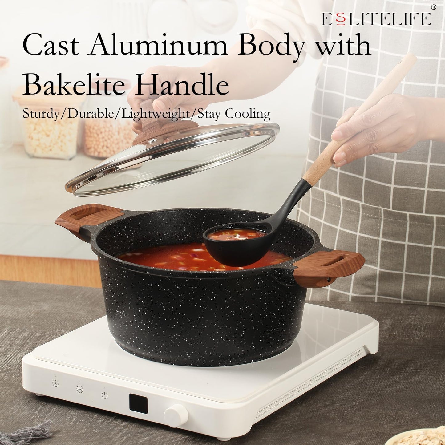 ESLITE LIFE Nonstick Cookware Sets, 9 Pcs Granite Coating Pots and Pans Set Kitchen Cooking Set, Compatible with All Stovetops (Gas, Electric & Induction), PFOA Free, Black