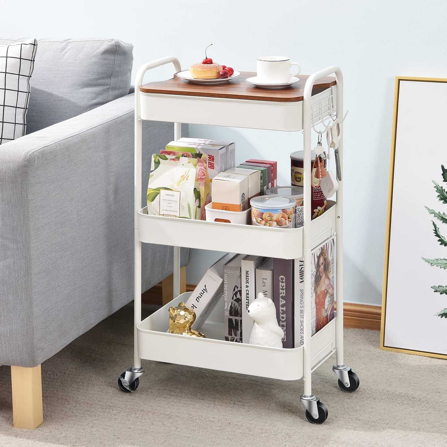TOOLF 3-Tier Rolling Cart with Table Top, Metal Storage Cart on Wheels, Utility Organizer with Wooden Tray, Lockable Casters, Easy Assembly for Bathroom, Living Room, Office, Kitchen, White